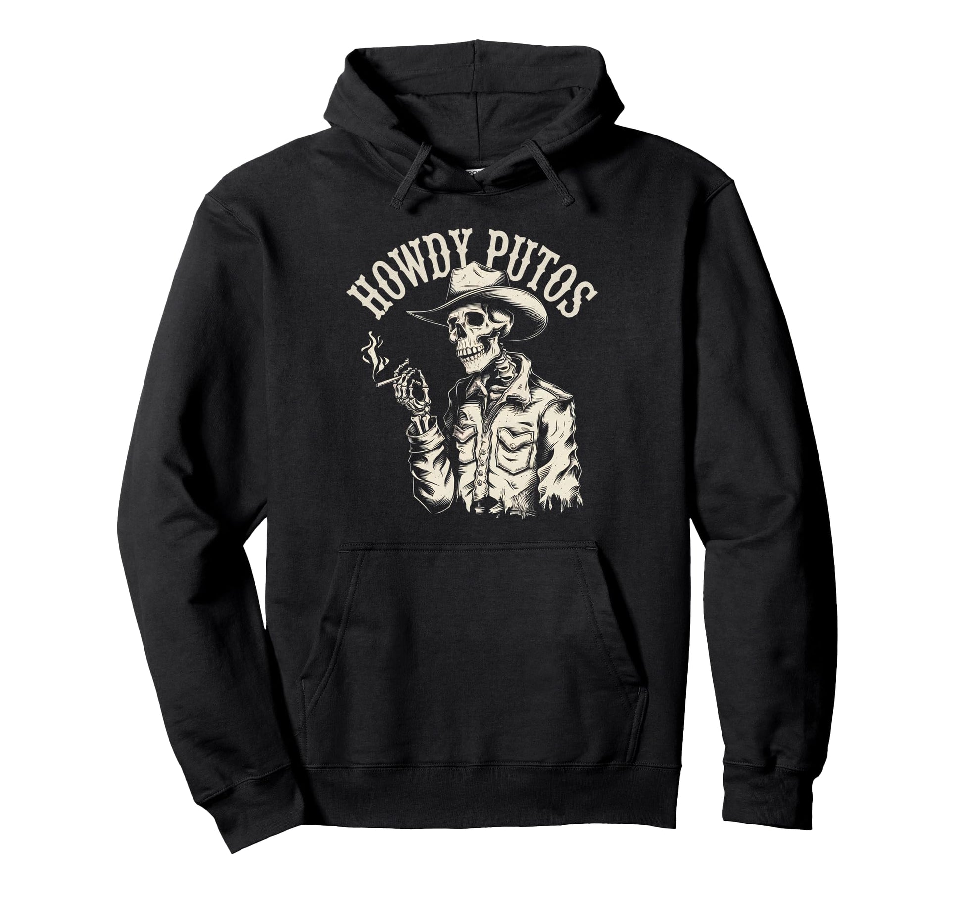 Howdy Putos Cowboy Skeleton Cigarette Hoodie - Minimalist Print for Adults - T-Shirt, Sweatshirt, Hoodie