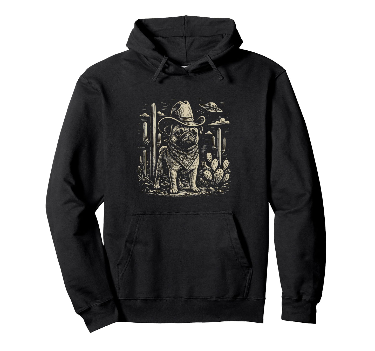 Western Pug Cowboy Ufo Dog Hoodie - Graphic Print for Adults - T-Shirt, Sweatshirt, Hoodie