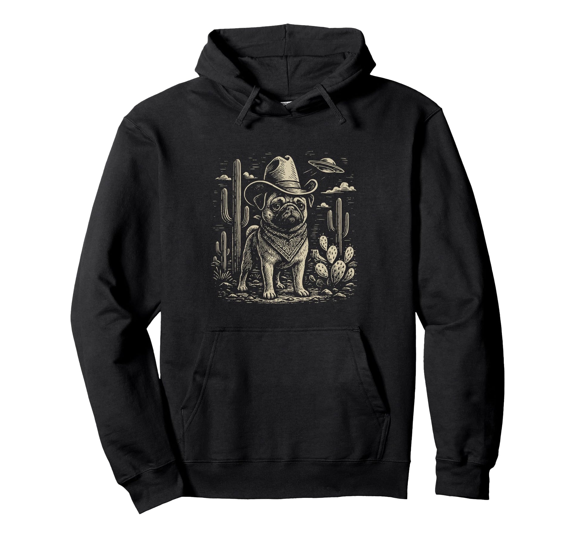 Western Pug Cowboy Ufo Dog Hoodie - Graphic Print for Adults - T-Shirt, Sweatshirt, Hoodie