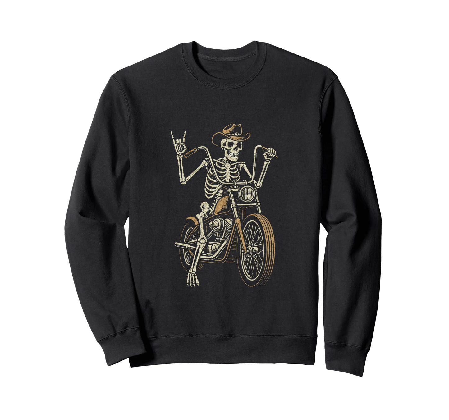 Skeleton Biker Rock Horns Cowboy Hat Sweatshirt - Custom Art Print Unisex - T-Shirt, Sweatshirt, Hoodie