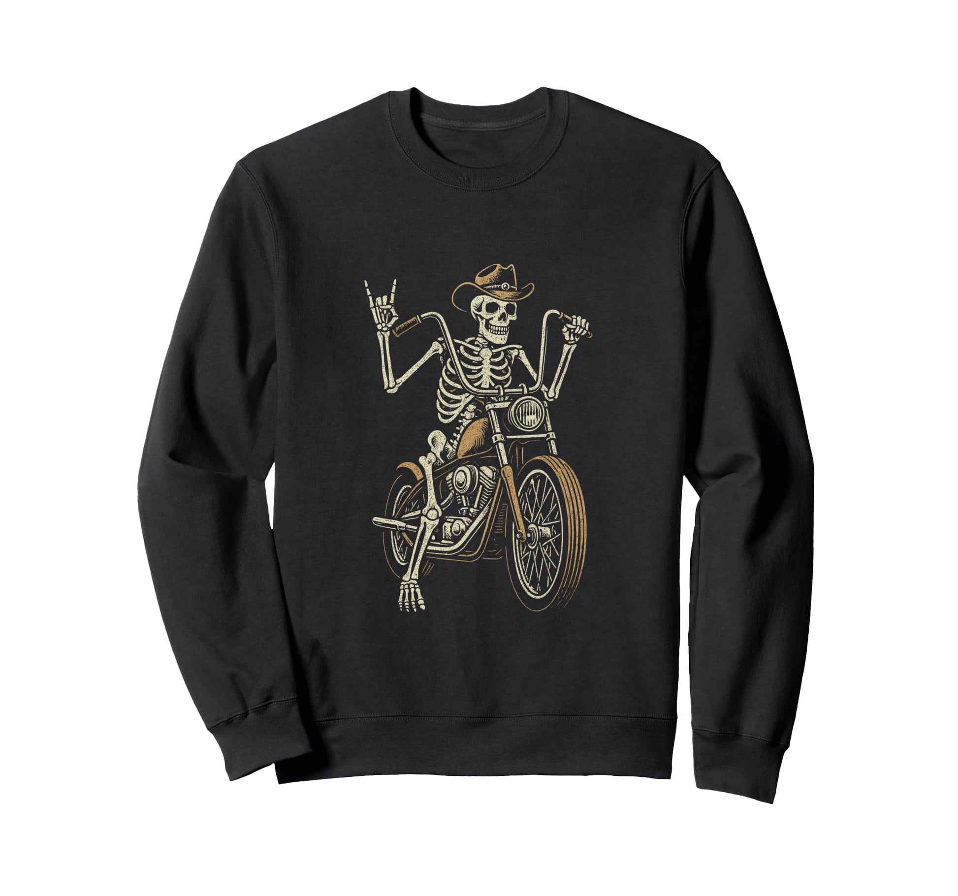 Skeleton Biker Rock Horns Cowboy Hat Sweatshirt - Custom Art Print Unisex - T-Shirt, Sweatshirt, Hoodie