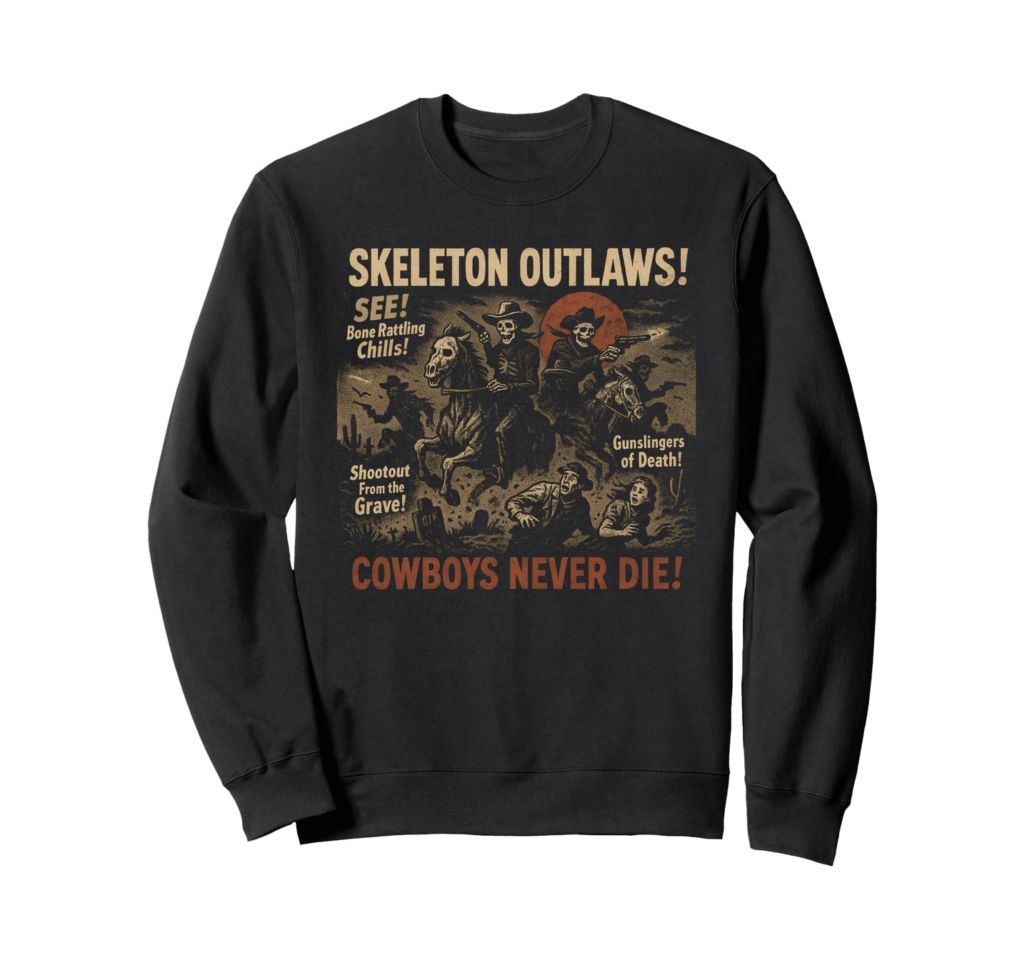Skeleton Outlaws Cowboy Movie Sweatshirt - Minimalist Print for Adults - T-Shirt, Sweatshirt, Hoodie