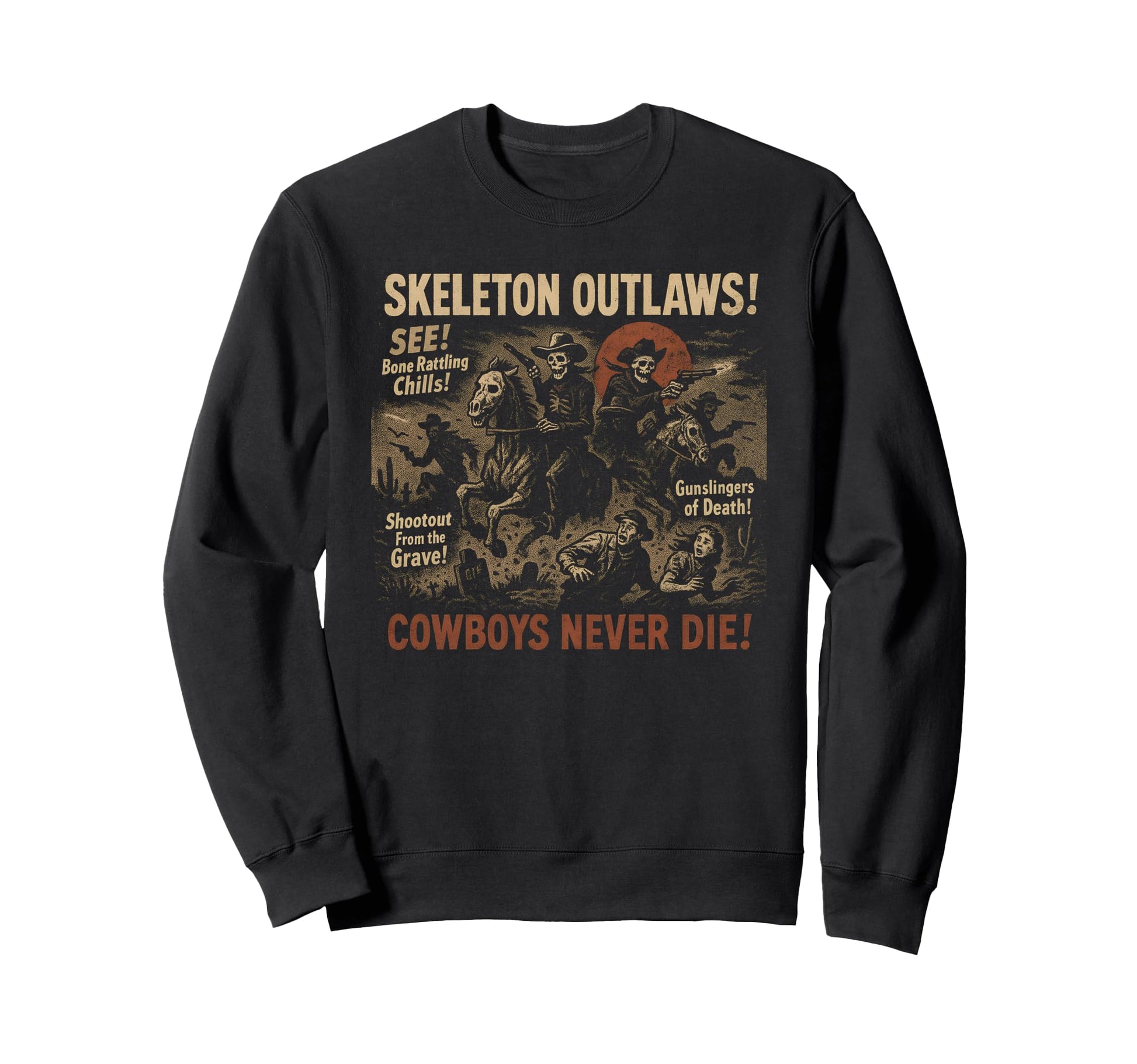 Skeleton Outlaws Cowboy Movie Sweatshirt - Minimalist Print for Adults - T-Shirt, Sweatshirt, Hoodie