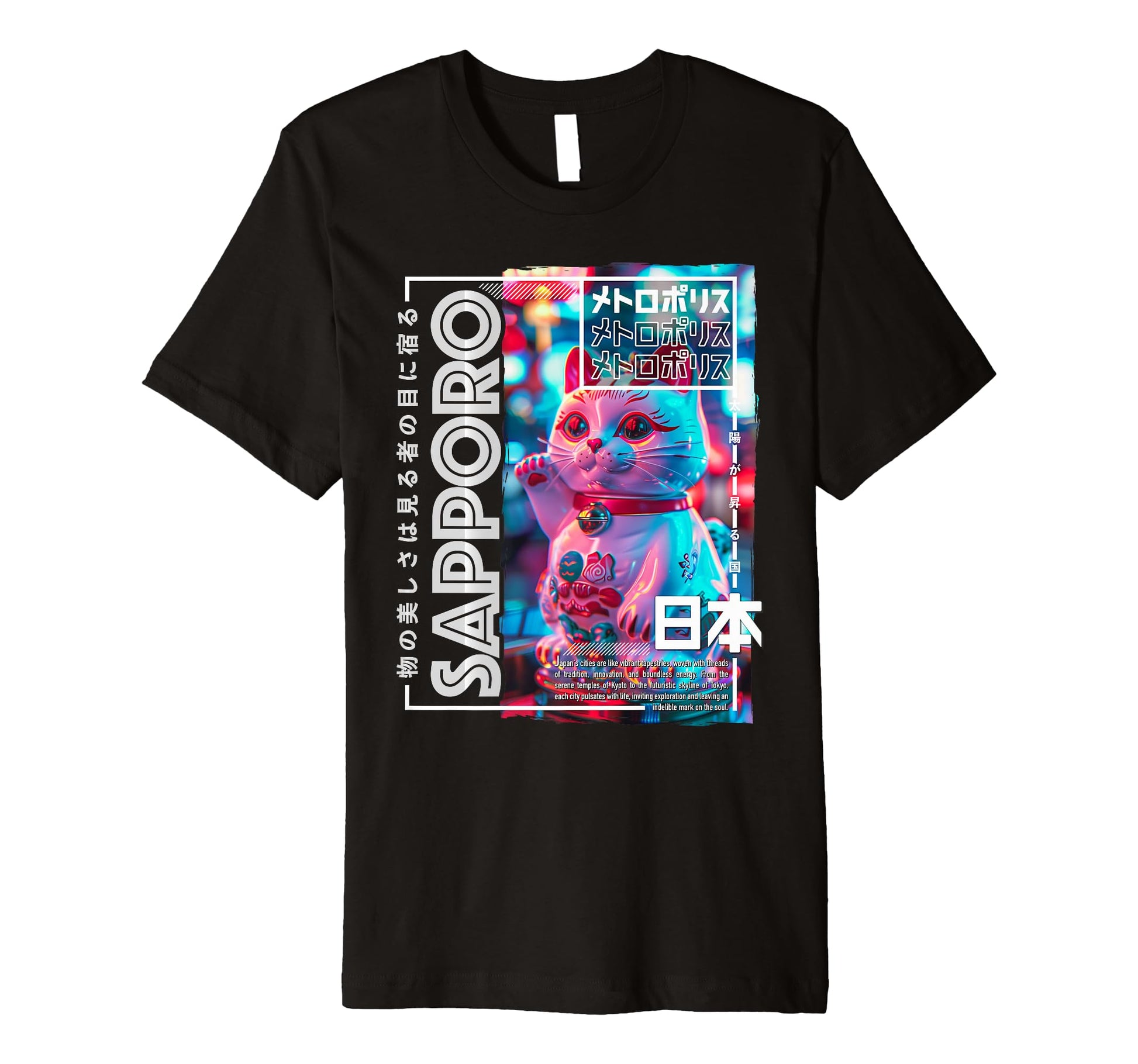 Sapporo City 80S Synthwave Manekineko T-Shirt - Unique Graphic Men Women - T-Shirt, Sweatshirt, Hoodie