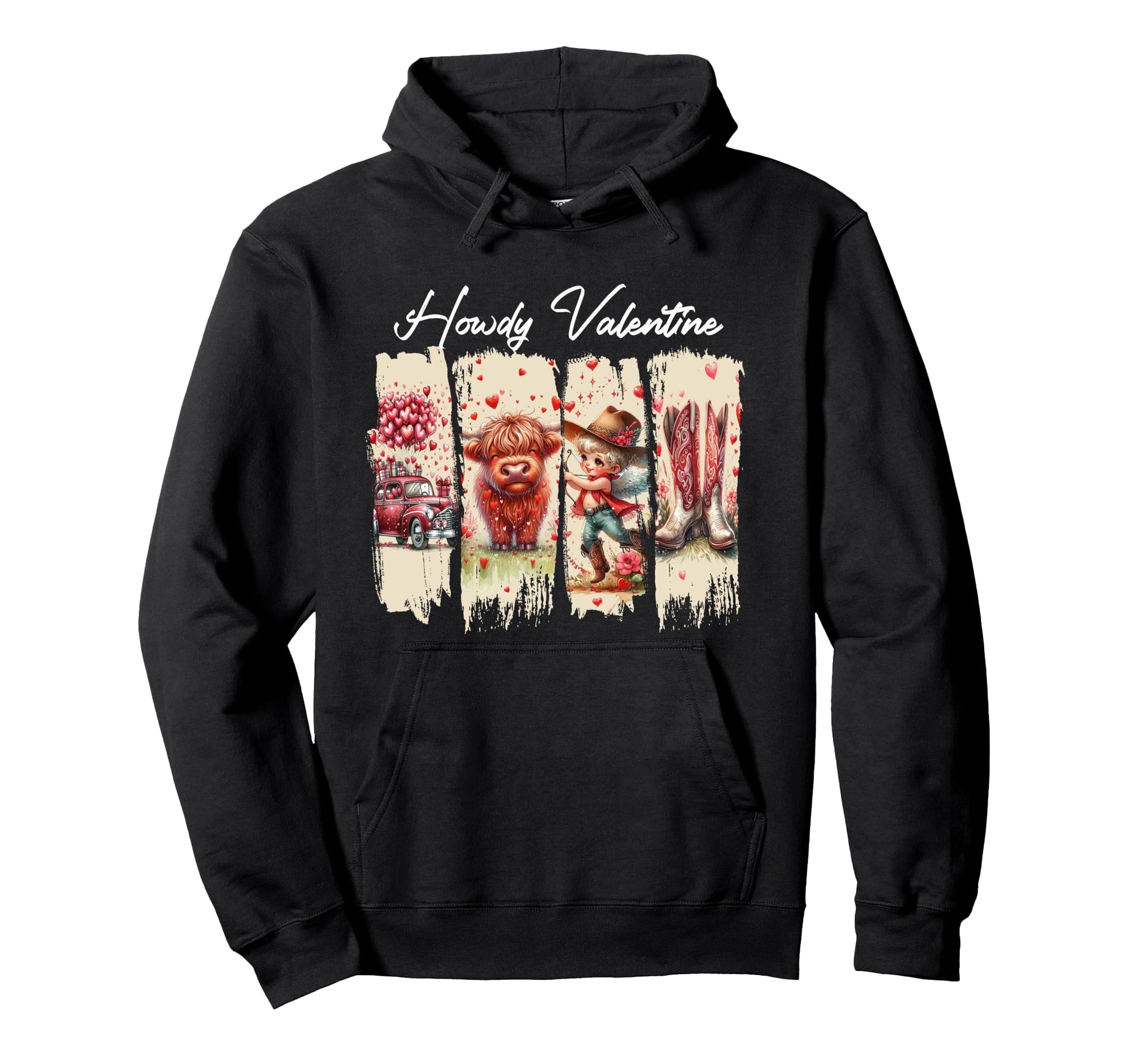 Howdy Valentine Western Highland Cow Cowboy Hoodie - Unique Graphic Unisex - T-Shirt, Sweatshirt, Hoodie