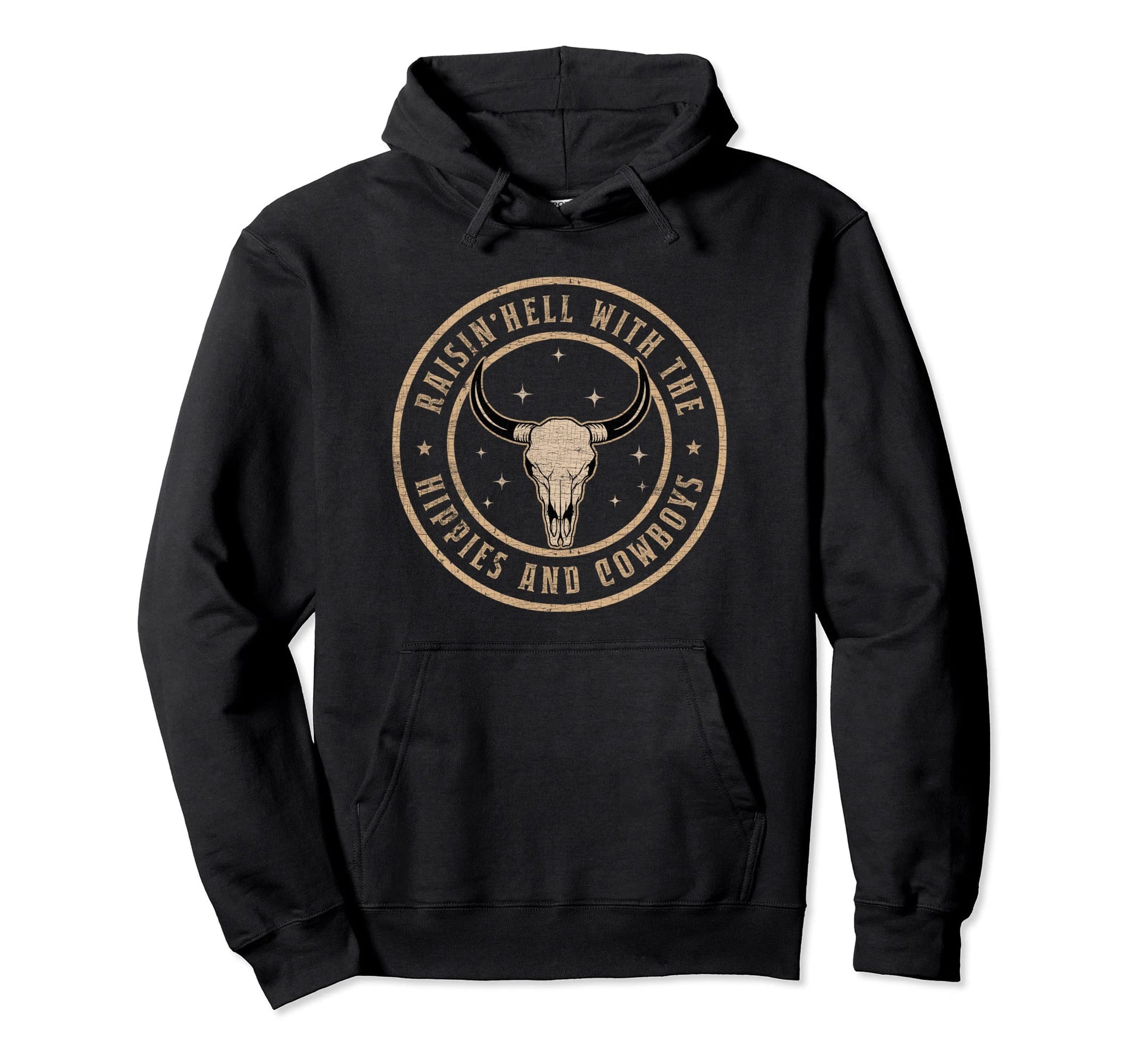 Raisinhell Hippies And Cowboys Bull Skull Hoodie - Trendy Graphic Men Women - T-Shirt, Sweatshirt, Hoodie