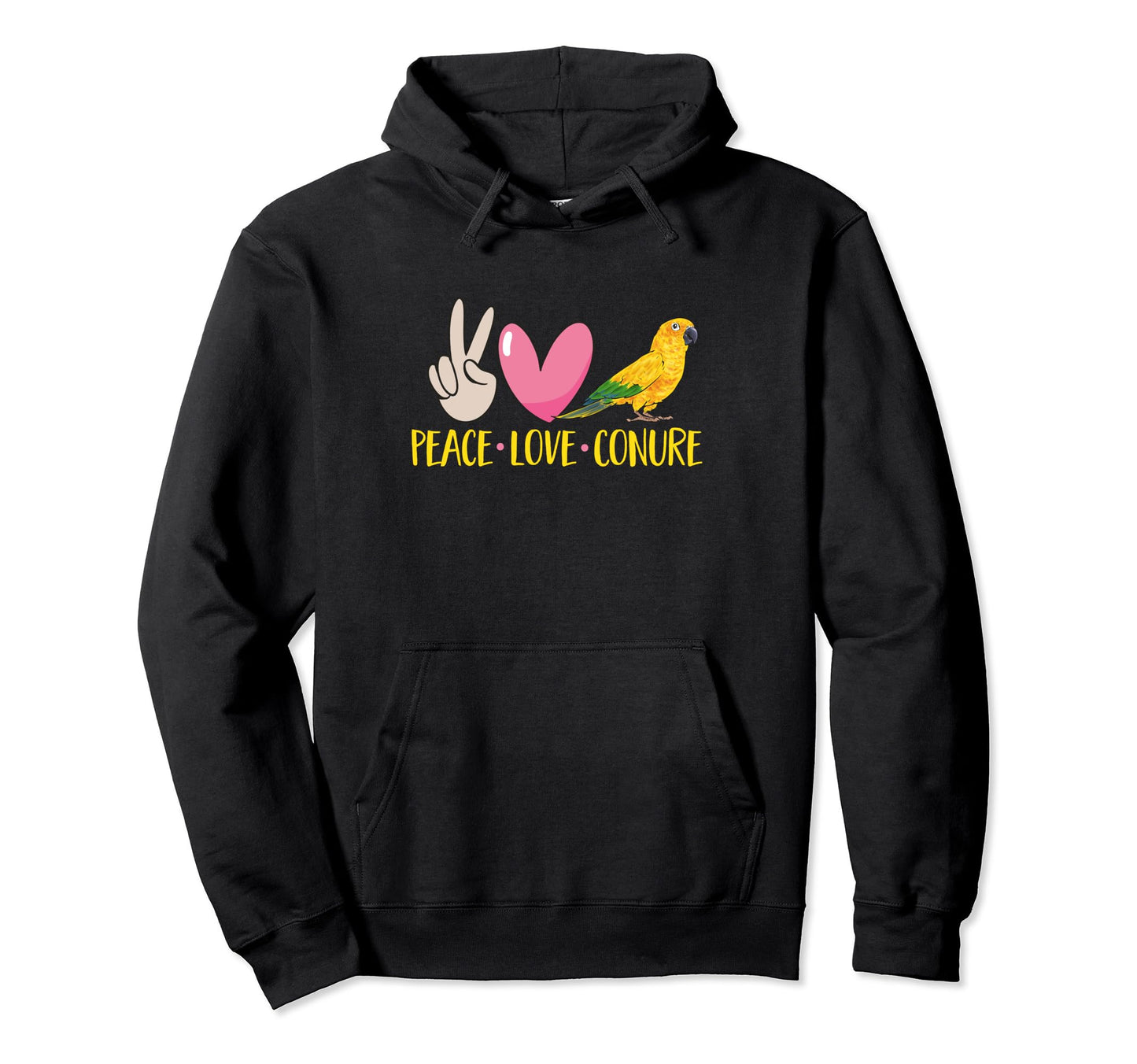 Sun Conure Parrot Bird Peace Love Conure Hoodie - Unique Graphic for Adults - T-Shirt, Sweatshirt, Hoodie