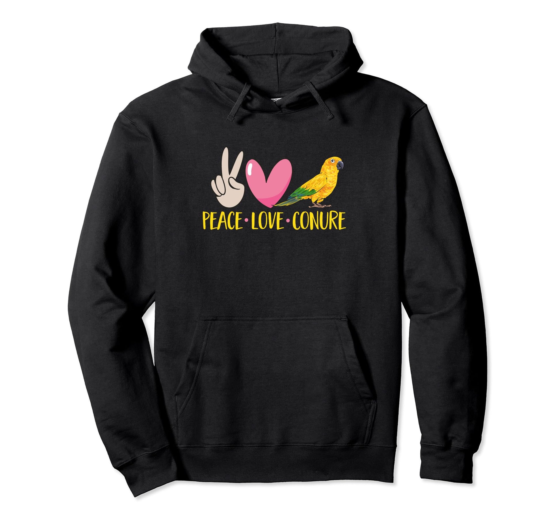 Sun Conure Parrot Bird Peace Love Conure Hoodie - Unique Graphic for Adults - T-Shirt, Sweatshirt, Hoodie