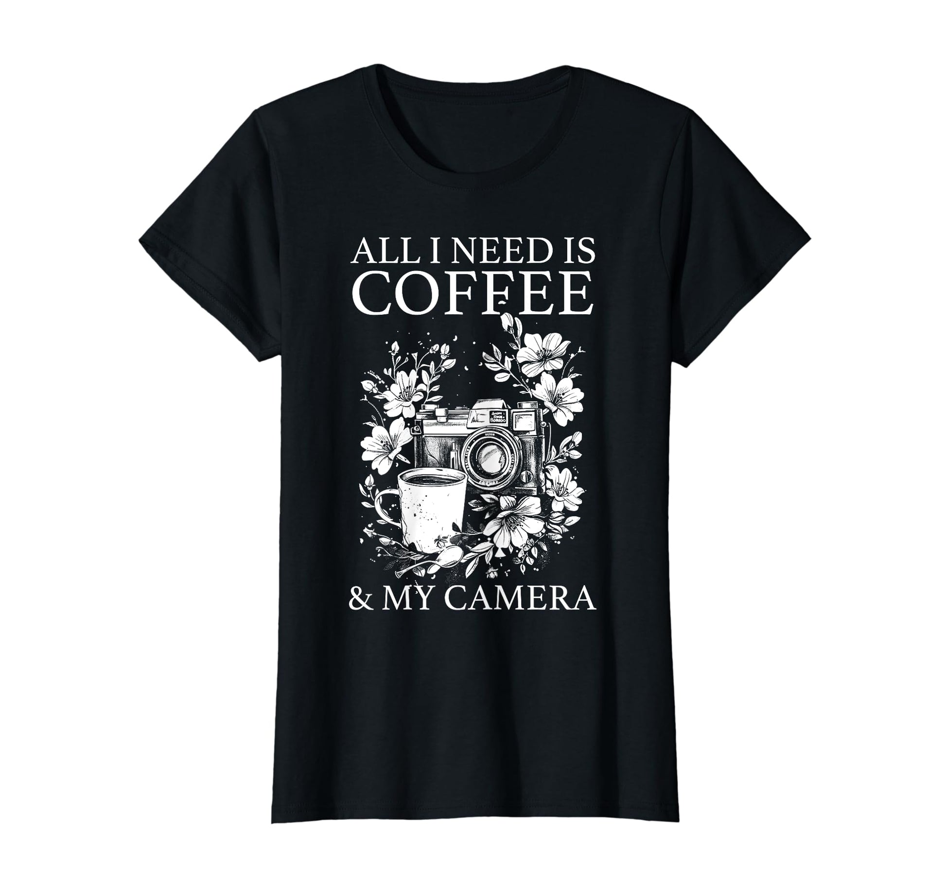 Photographer Coffee Camera Flowers T-Shirt - Unique Graphic for Adults - T-Shirt, Sweatshirt, Hoodie