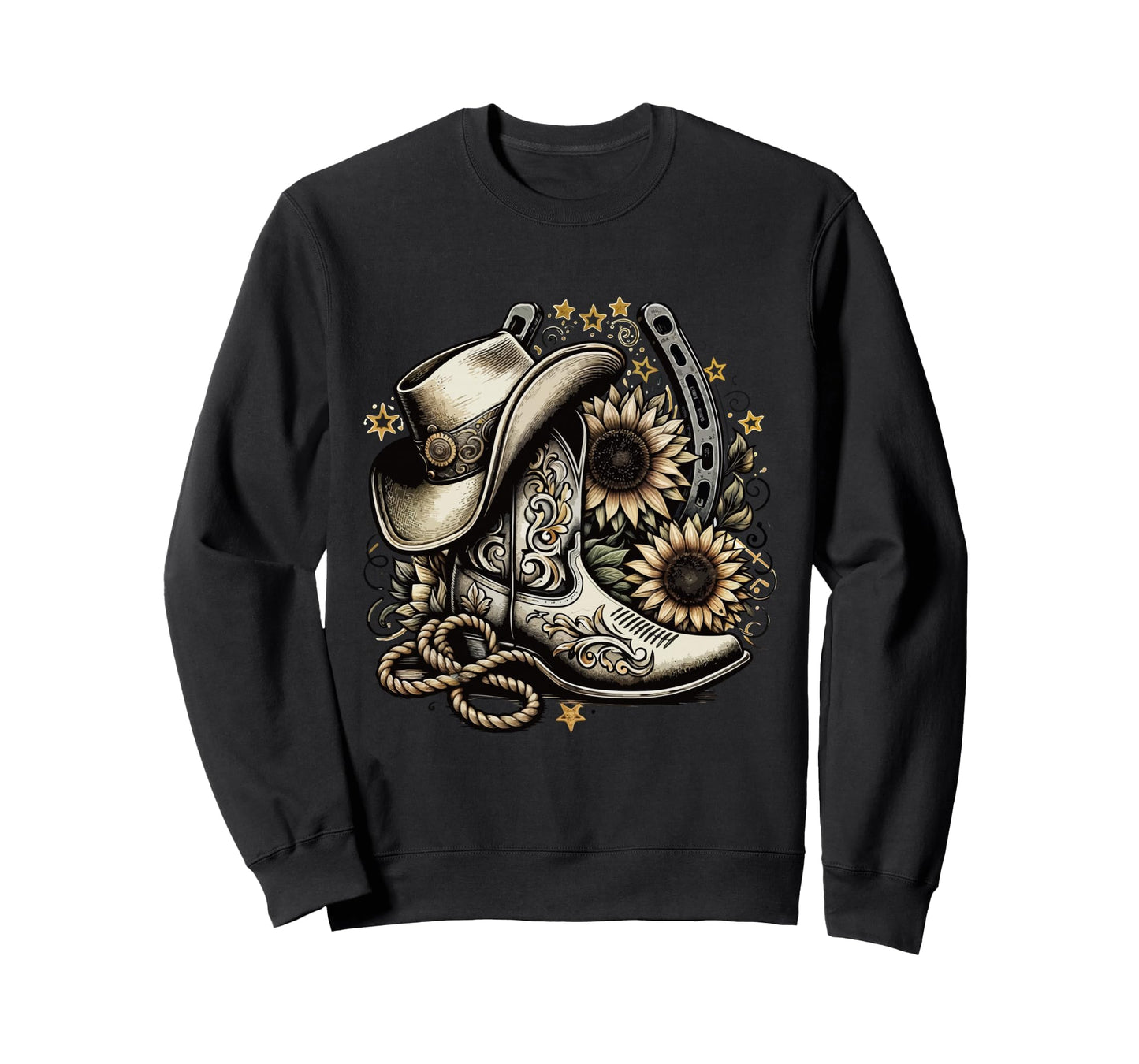 Western Cowboy Boot Horseshoe Sweatshirt - Minimalist Print Men Women - T-Shirt, Sweatshirt, Hoodie