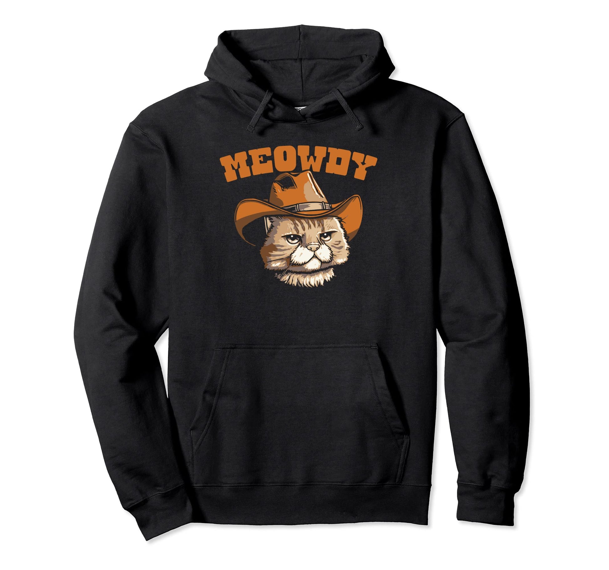 Meowdy Funny Outlaw Cat Cowboy Hat Hoodie - Fun Novelty Design for Adults - T-Shirt, Sweatshirt, Hoodie