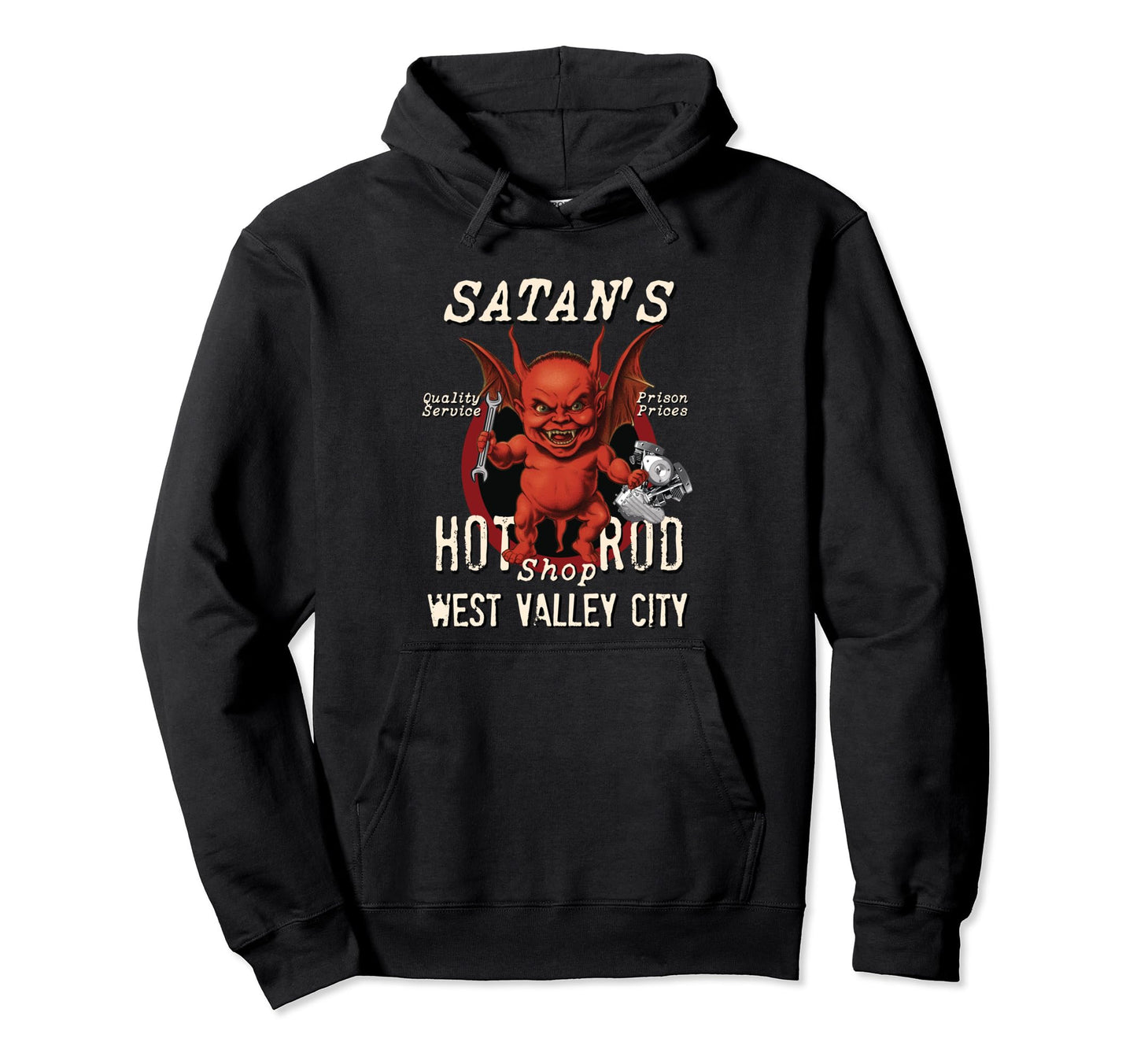 Satans Hot Rod Shop Fat Devil West Hoodie - Trendy Graphic Men Women - T-Shirt, Sweatshirt, Hoodie
