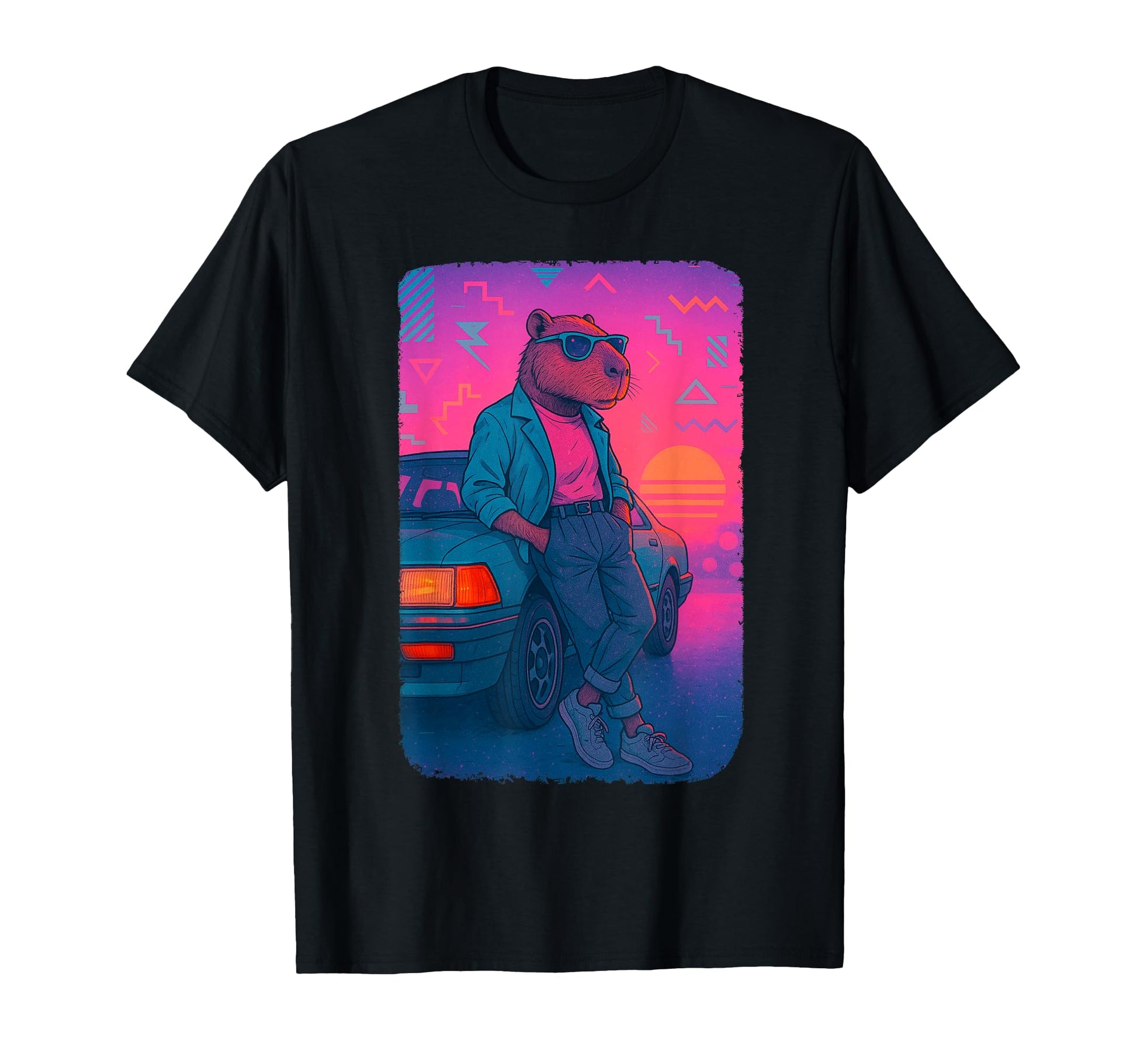80S Capybara Vaporwave Sunset Aesthetic T-Shirt - Trendy Graphic Unisex - T-Shirt, Sweatshirt, Hoodie