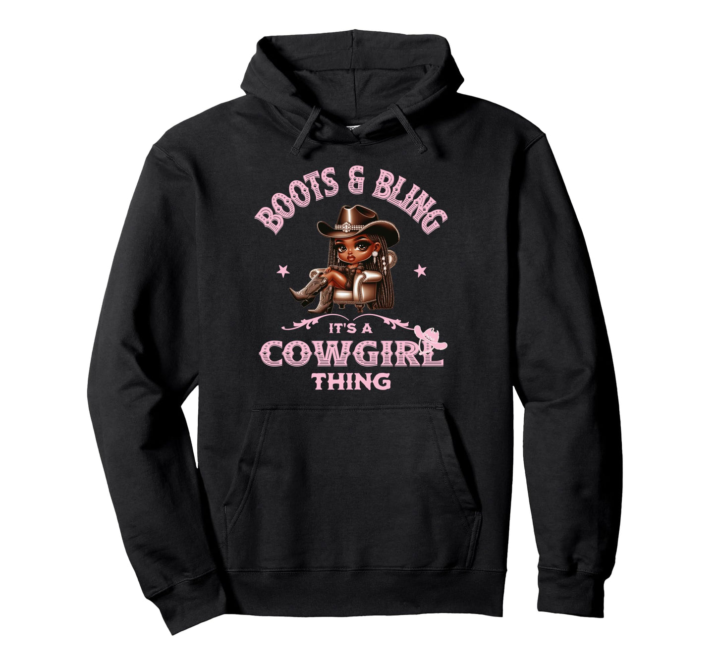 Boots And Bling Black Cowgirl Melanin Hoodie - Fun Novelty Design Unisex - T-Shirt, Sweatshirt, Hoodie