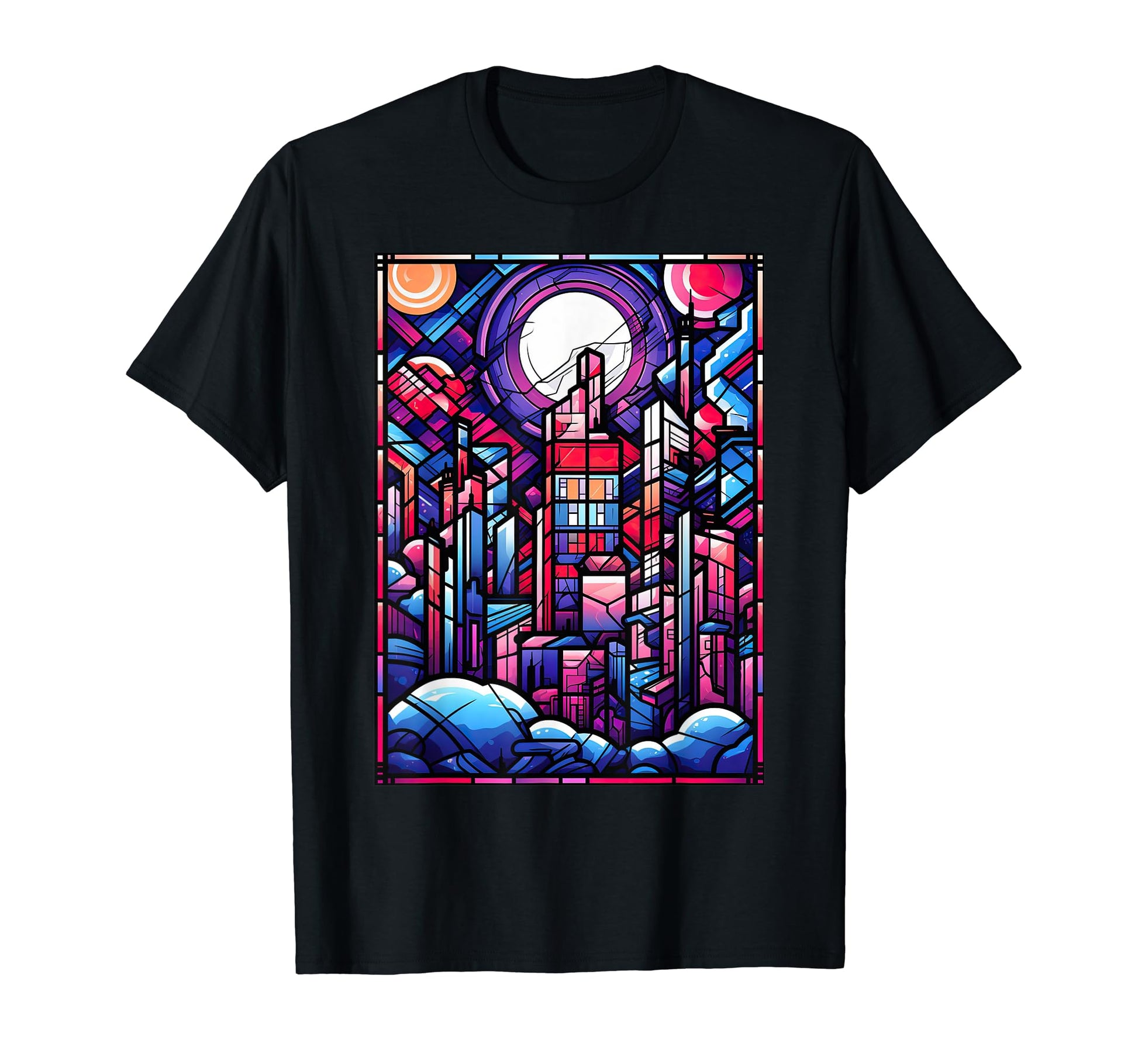 Geometric Stained Glass Vaporwave City T-Shirt - Graphic Print for Adults - T-Shirt, Sweatshirt, Hoodie