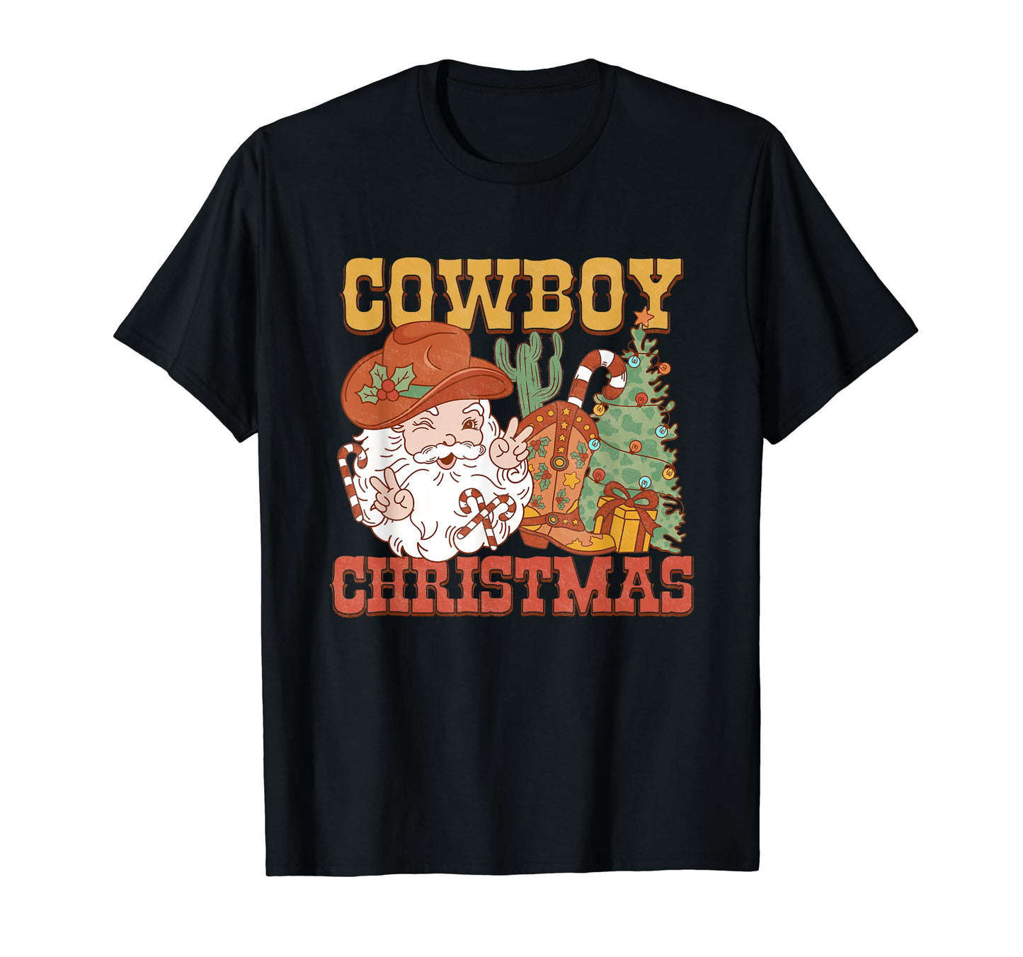 Cowboy Santa Western Tree Boots Hat T-Shirt - Minimalist Print for Adults - T-Shirt, Sweatshirt, Hoodie