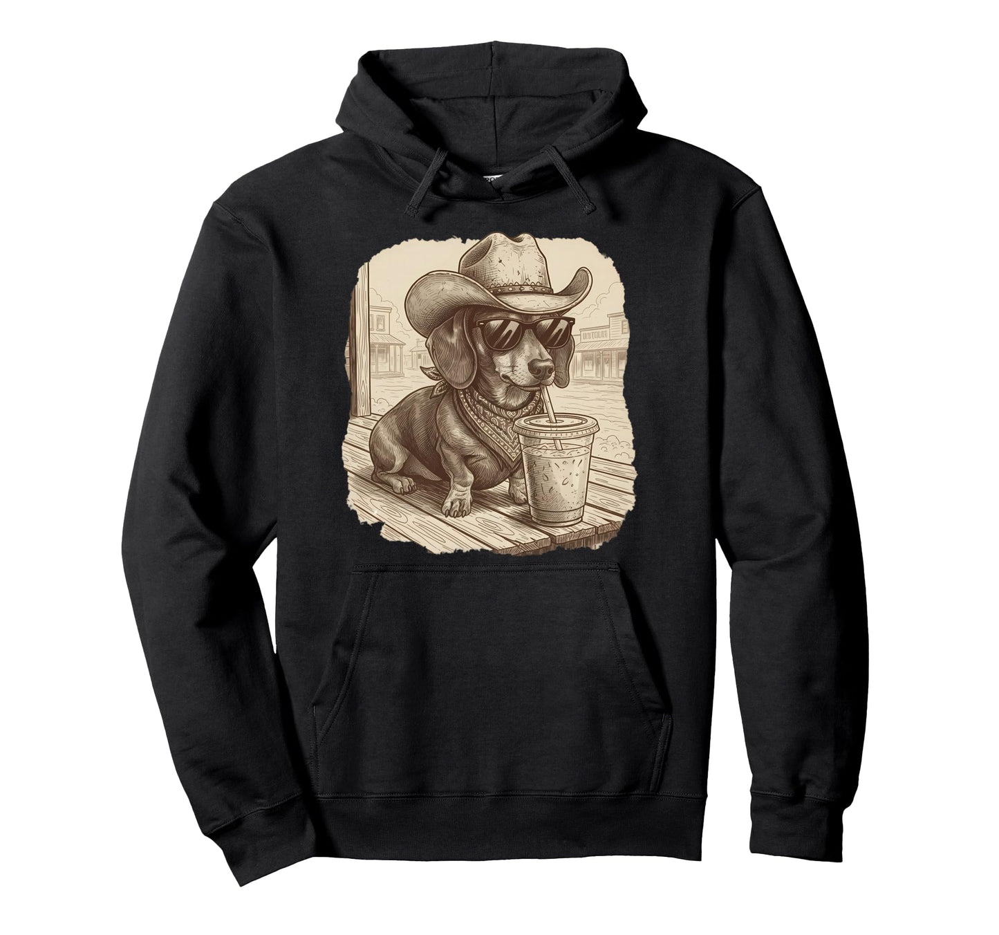 Cowboy Dachshund Iced Coffee Funny Hoodie - Graphic Print Men Women - T-Shirt, Sweatshirt, Hoodie