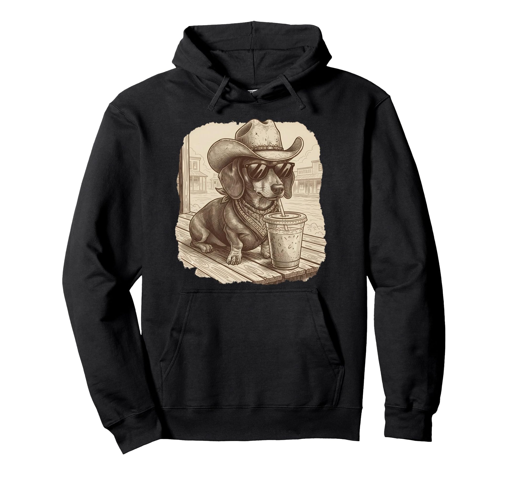 Cowboy Dachshund Iced Coffee Funny Hoodie - Graphic Print Men Women - T-Shirt, Sweatshirt, Hoodie