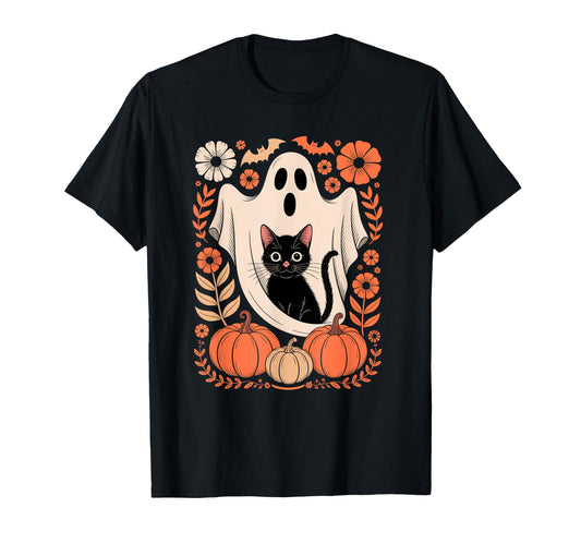 Boho Floral Spooky Ghost Holding Black Cat T-Shirt - Trendy Graphic Unisex - T-Shirt, Sweatshirt, Hoodie