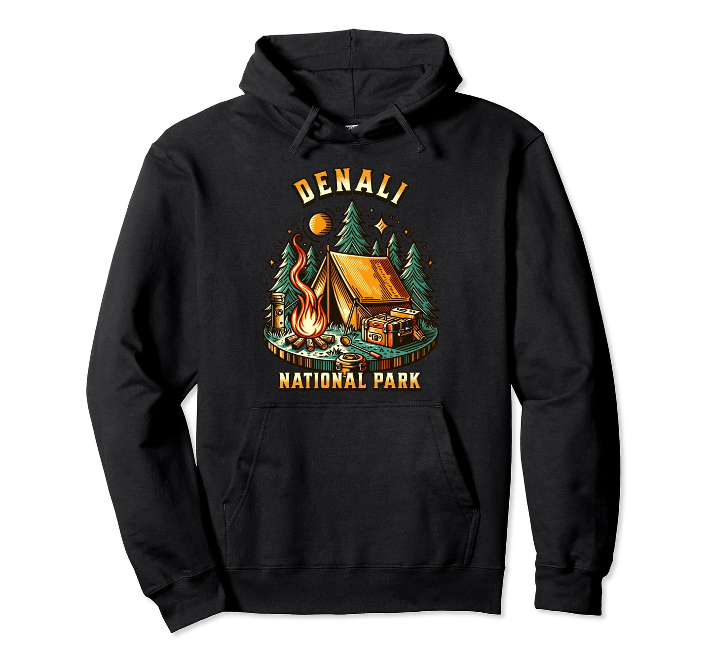 Camping Forest Tent Campfire Denali Hoodie - Graphic Print for Adults - T-Shirt, Sweatshirt, Hoodie