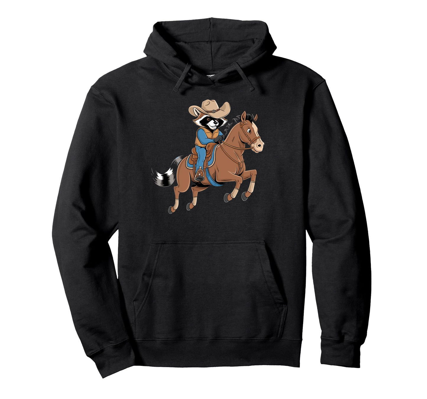 Cowboy Raccoon Wearing Cowboy Hat Riding Hoodie - Graphic Print Men Women - T-Shirt, Sweatshirt, Hoodie
