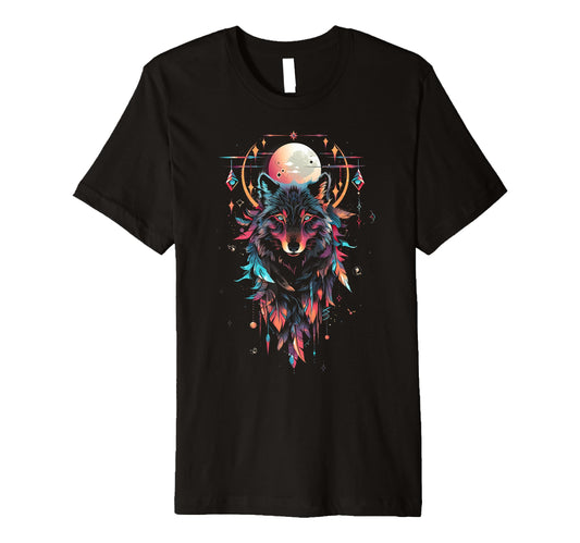 Bohemian Moon Wolf Boho Wolf Feathers T-Shirt - Streetwear Style for Adults - T-Shirt, Sweatshirt, Hoodie