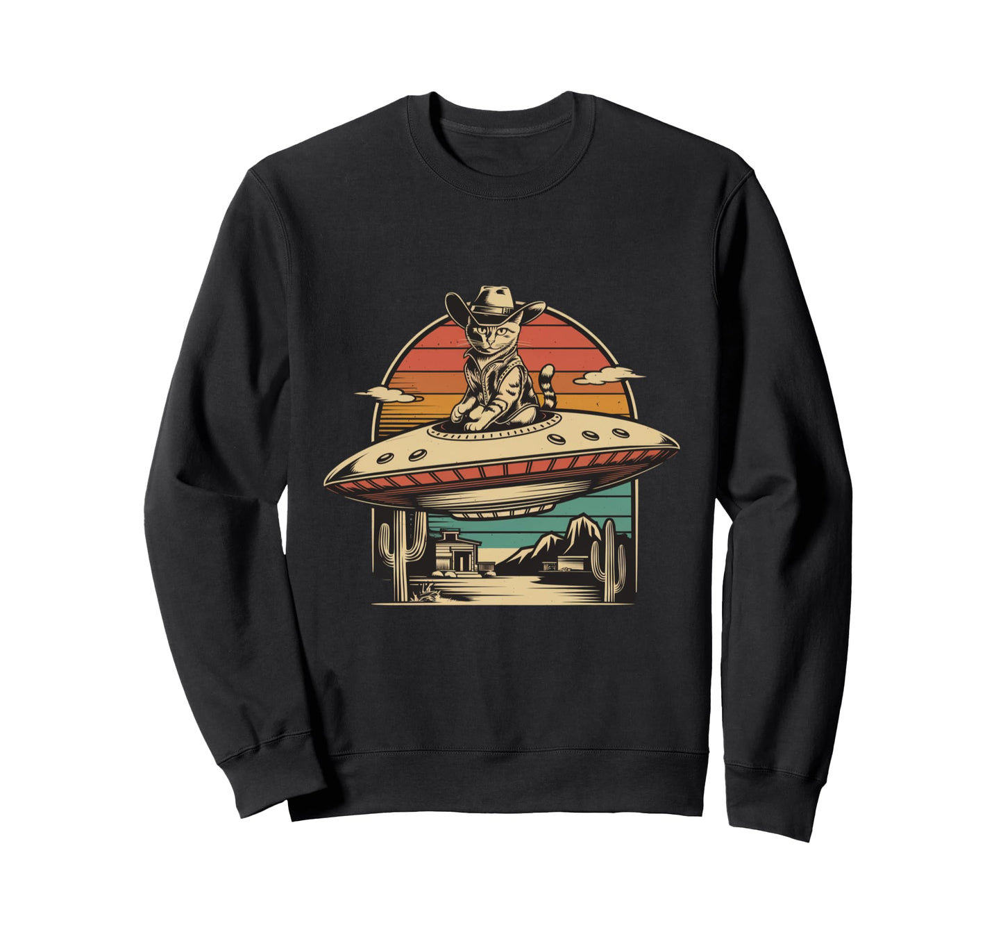 80S Western Ufo Cowboy Cat Sweatshirt - Casual Everyday Wear Men Women - T-Shirt, Sweatshirt, Hoodie