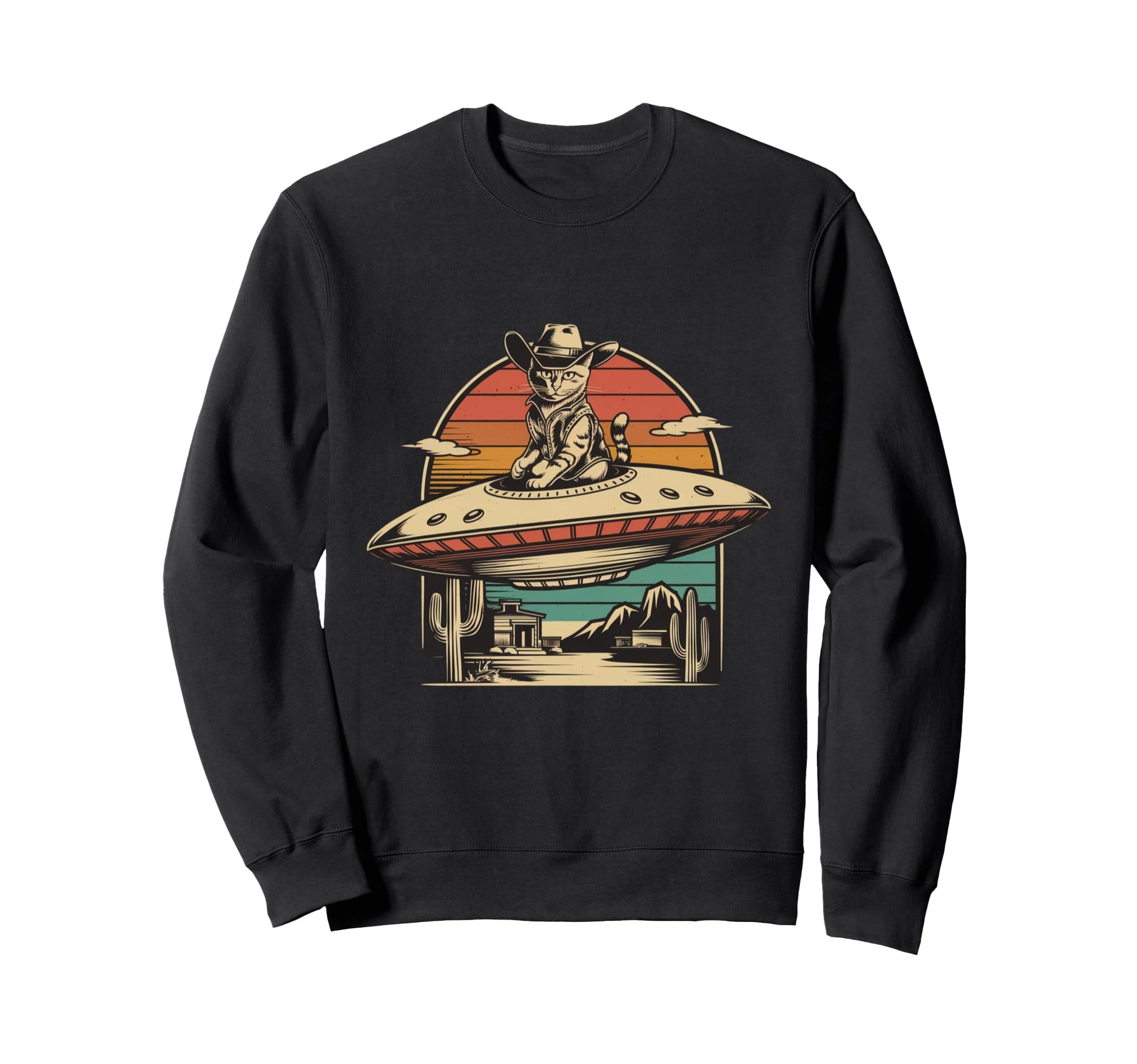 80S Western Ufo Cowboy Cat Sweatshirt - Casual Everyday Wear Men Women - T-Shirt, Sweatshirt, Hoodie