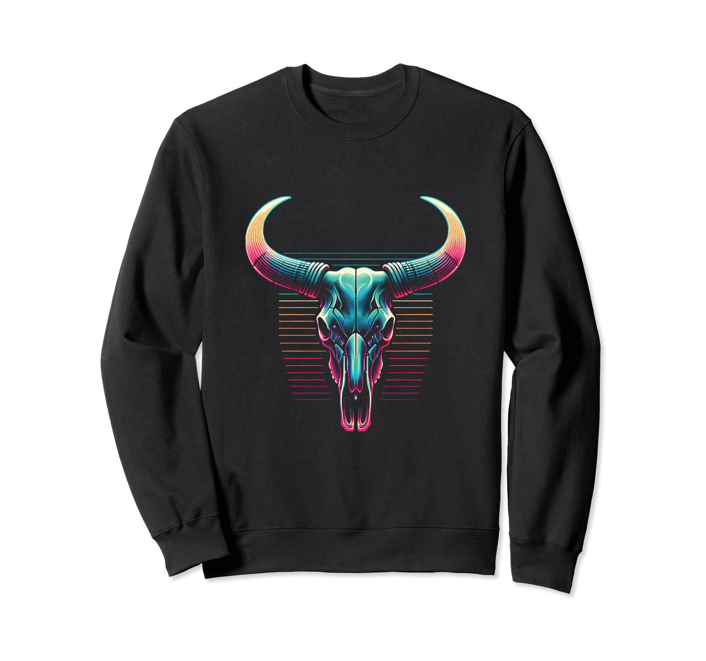Longhorn Skull Vaporwave Cow Sweatshirt - Aesthetic Graphic for Adults - T-Shirt, Sweatshirt, Hoodie