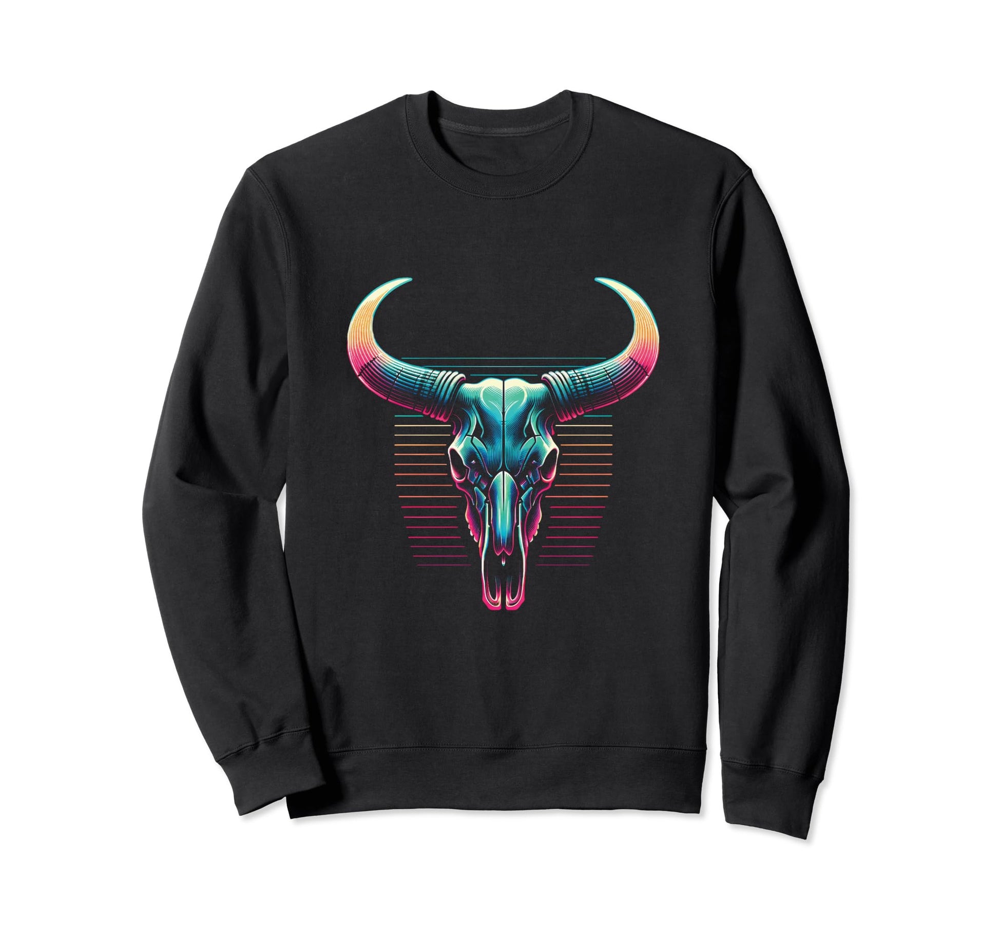 Longhorn Skull Vaporwave Cow Sweatshirt - Aesthetic Graphic for Adults - T-Shirt, Sweatshirt, Hoodie