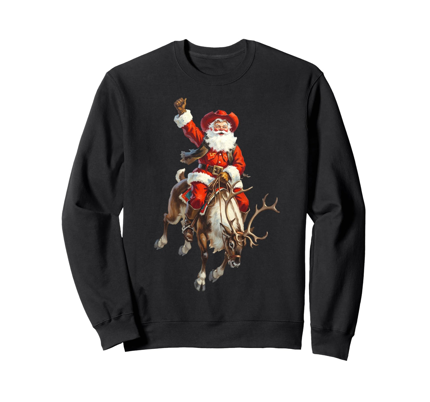 Cowboy Santa Riding Reindeer Sweatshirt - Unique Graphic Men Women - T-Shirt, Sweatshirt, Hoodie