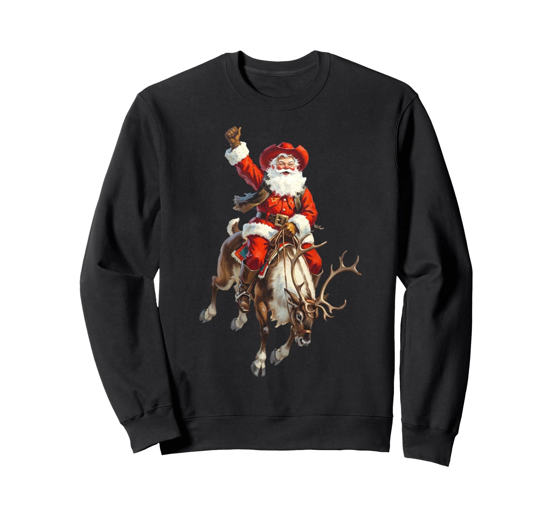 Cowboy Santa Riding Reindeer Sweatshirt - Unique Graphic Men Women - T-Shirt, Sweatshirt, Hoodie