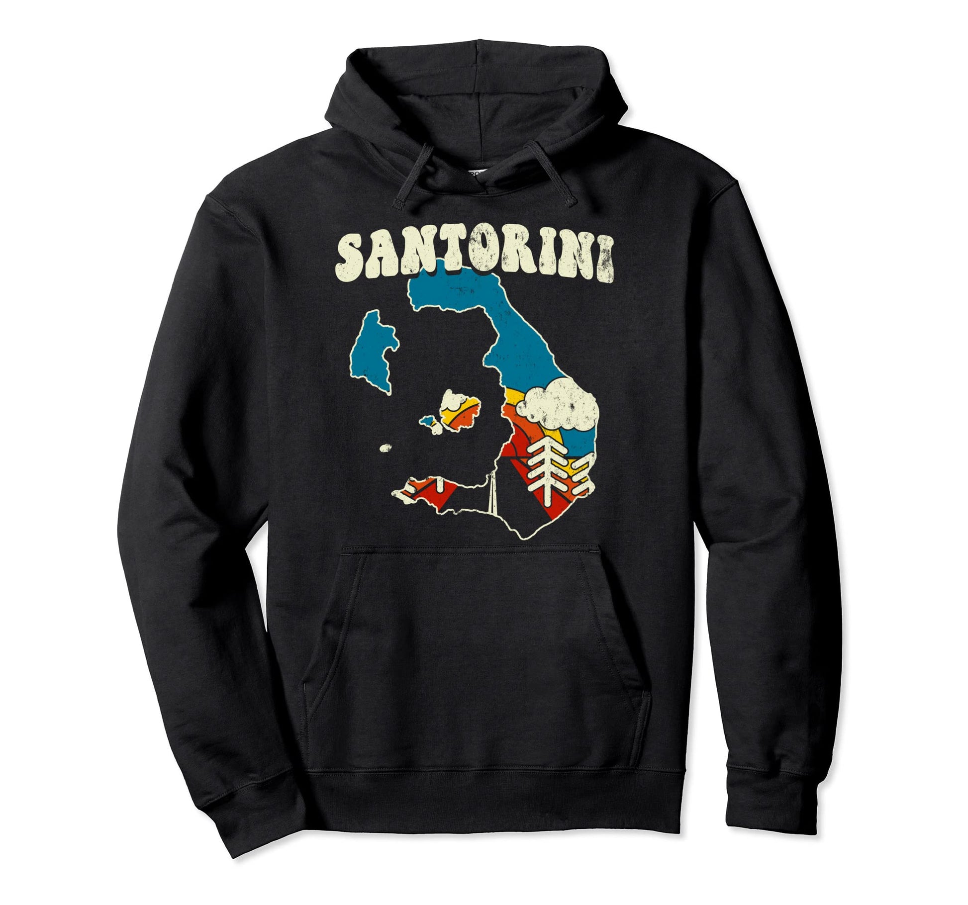 Santorini Greece Greek Island Rainbow 70S Hoodie - Unique Graphic Unisex - T-Shirt, Sweatshirt, Hoodie