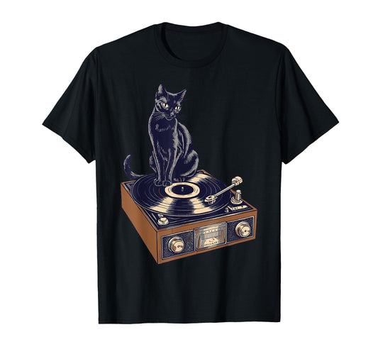 Black Cat Sitting Vinyl Record Player T-Shirt - Custom Art Print Men Women - T-Shirt, Sweatshirt, Hoodie