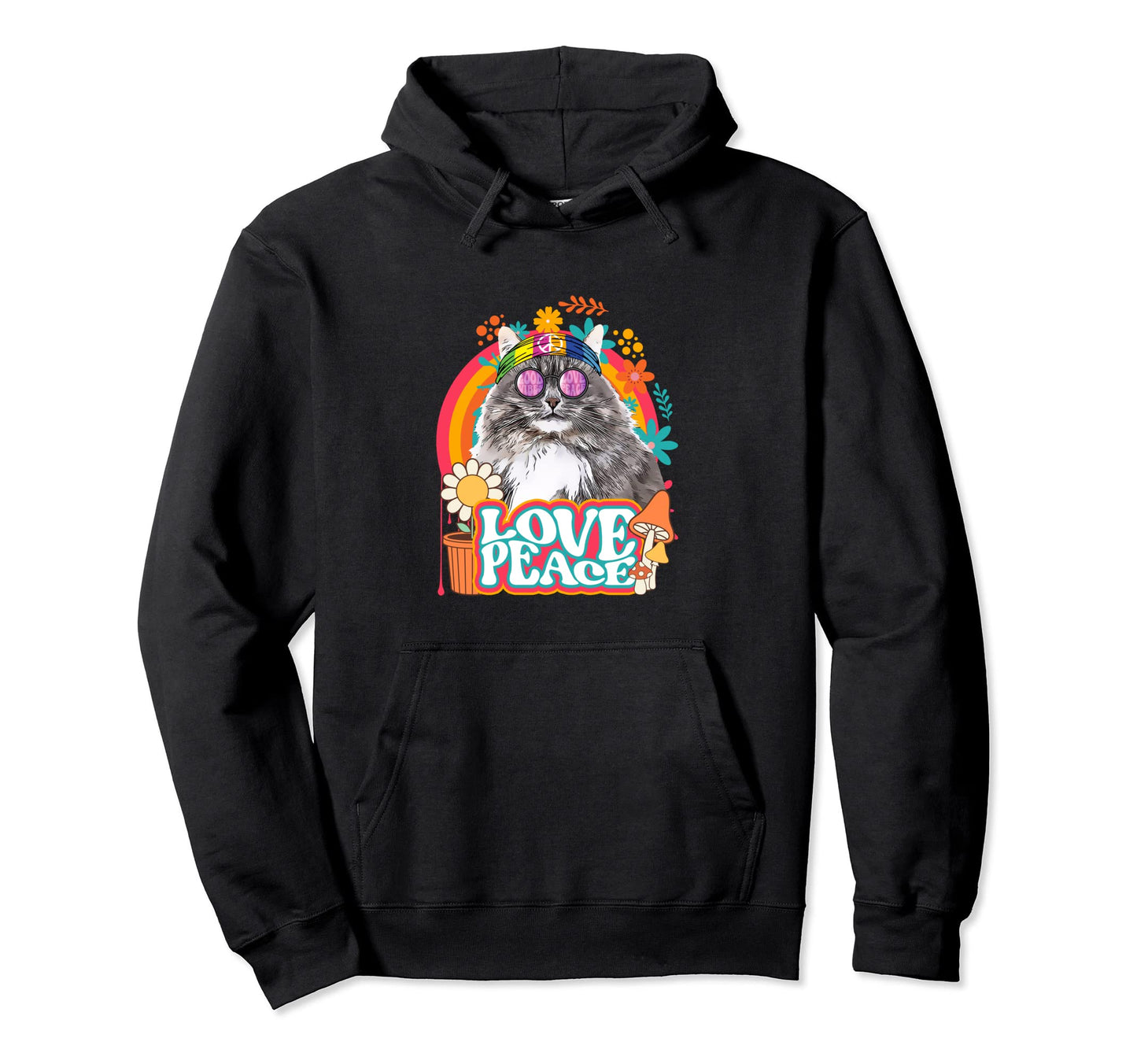 Hippie Cat Rainbow 60S 70S Peace Sign Hoodie - Fun Novelty Design Unisex - T-Shirt, Sweatshirt, Hoodie
