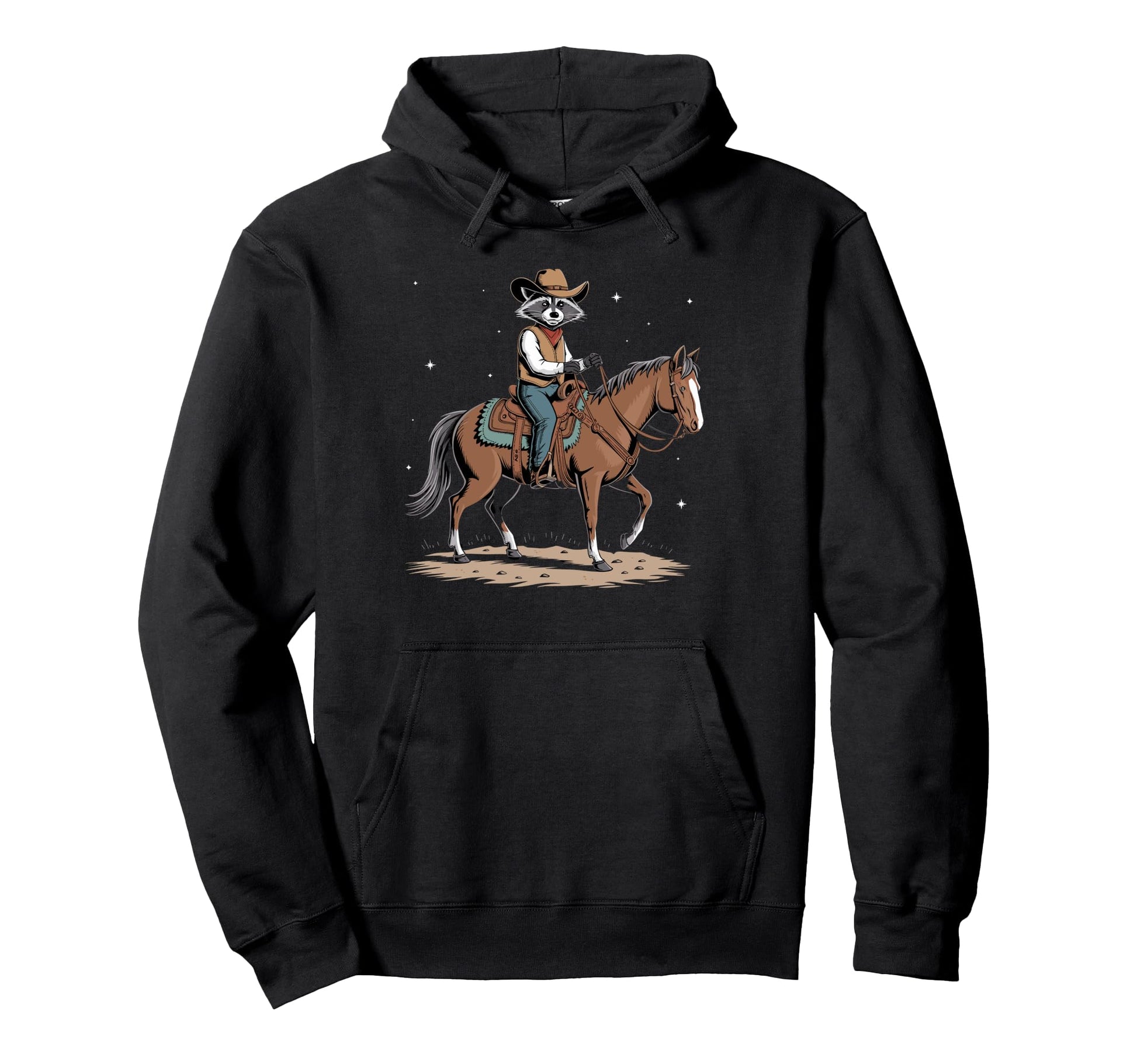 Cowboy Raccoon Wearing Cowboy Hat Riding Hoodie - Unique Graphic Unisex - T-Shirt, Sweatshirt, Hoodie