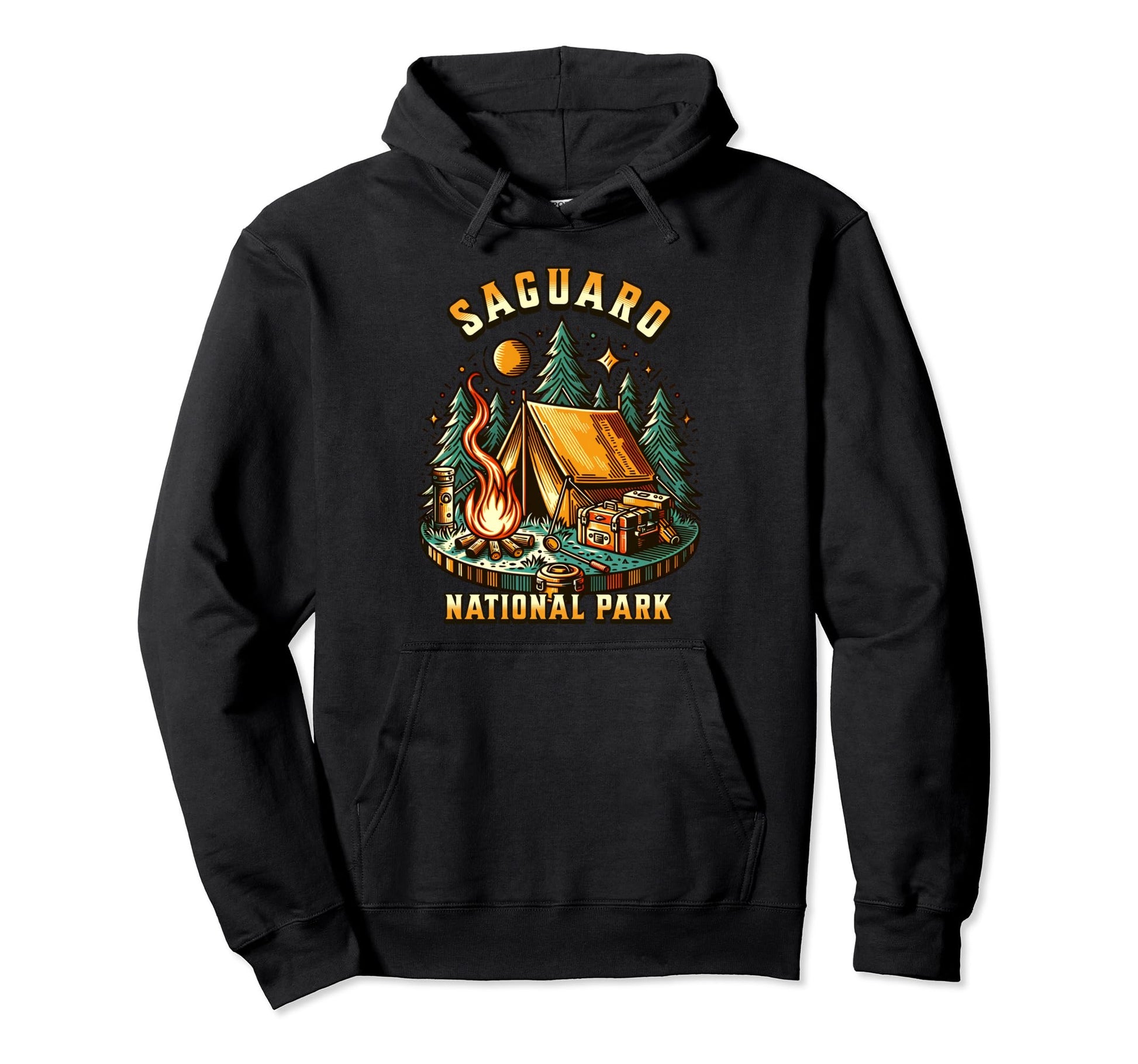 Camping Forest Tent Campfire Saguaro Hoodie - Graphic Print for Adults - T-Shirt, Sweatshirt, Hoodie