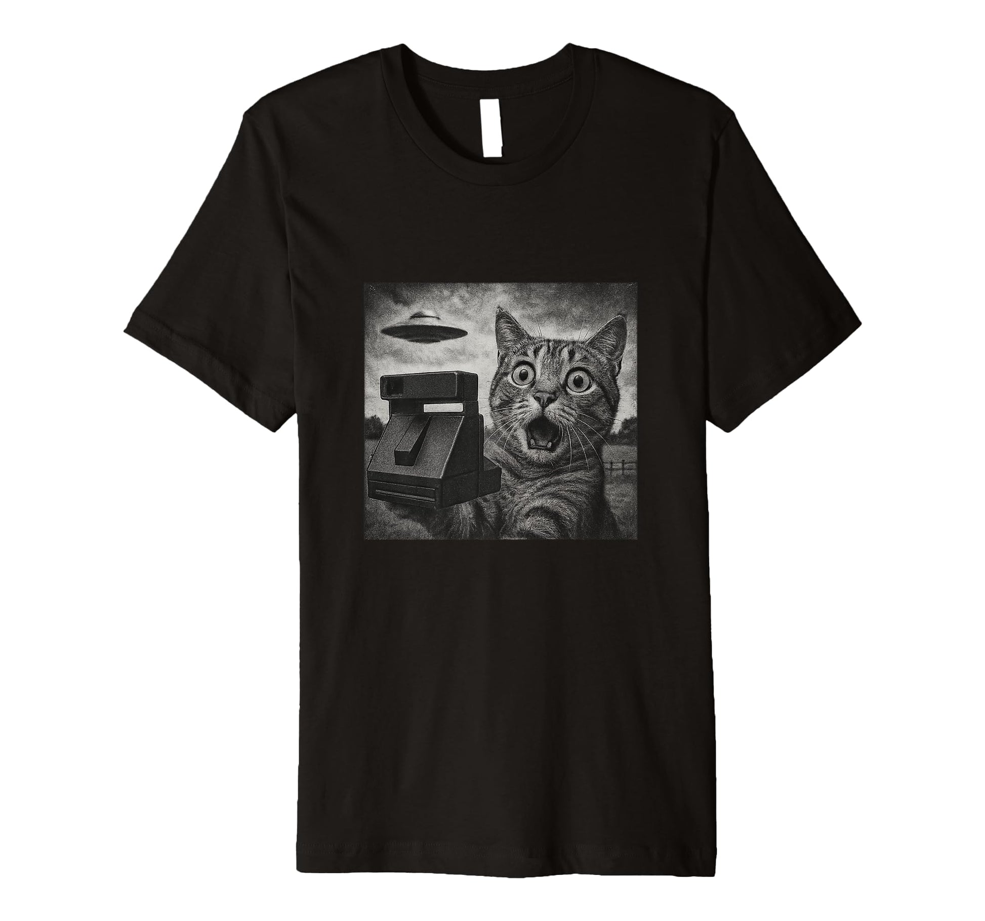 Shocked Cat Ufo Sighting Camera Sketch T-Shirt - Unique Graphic for Adults - T-Shirt, Sweatshirt, Hoodie