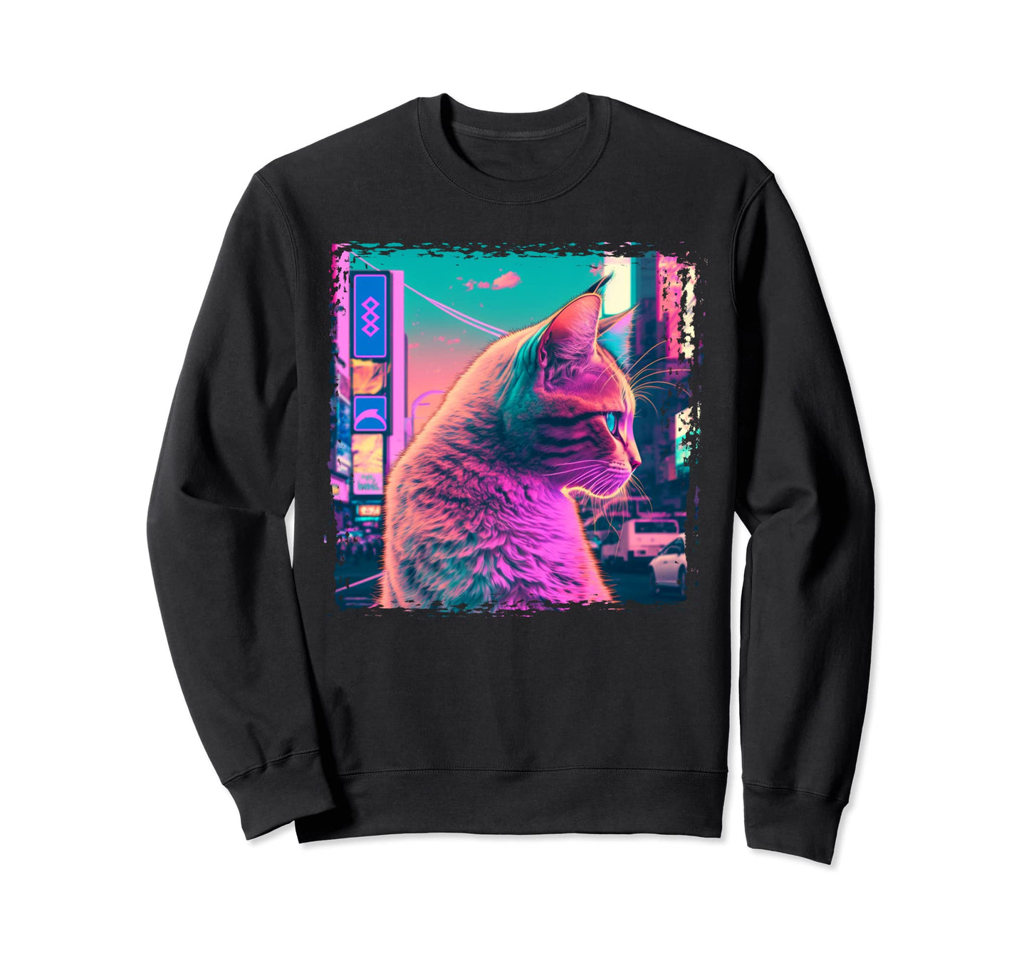 Japanese Aesthetic Synthwave Cat Sweatshirt - Graphic Print for Adults - T-Shirt, Sweatshirt, Hoodie