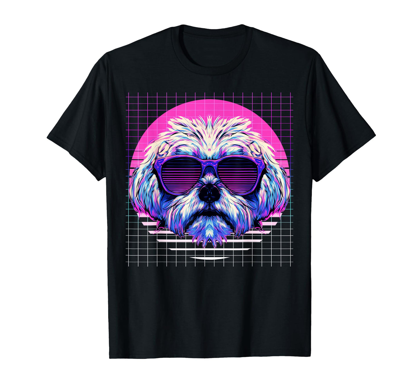 Maltese Sunglasses Dog Vaporwave T-Shirt - Fun Novelty Design for Adults - T-Shirt, Sweatshirt, Hoodie