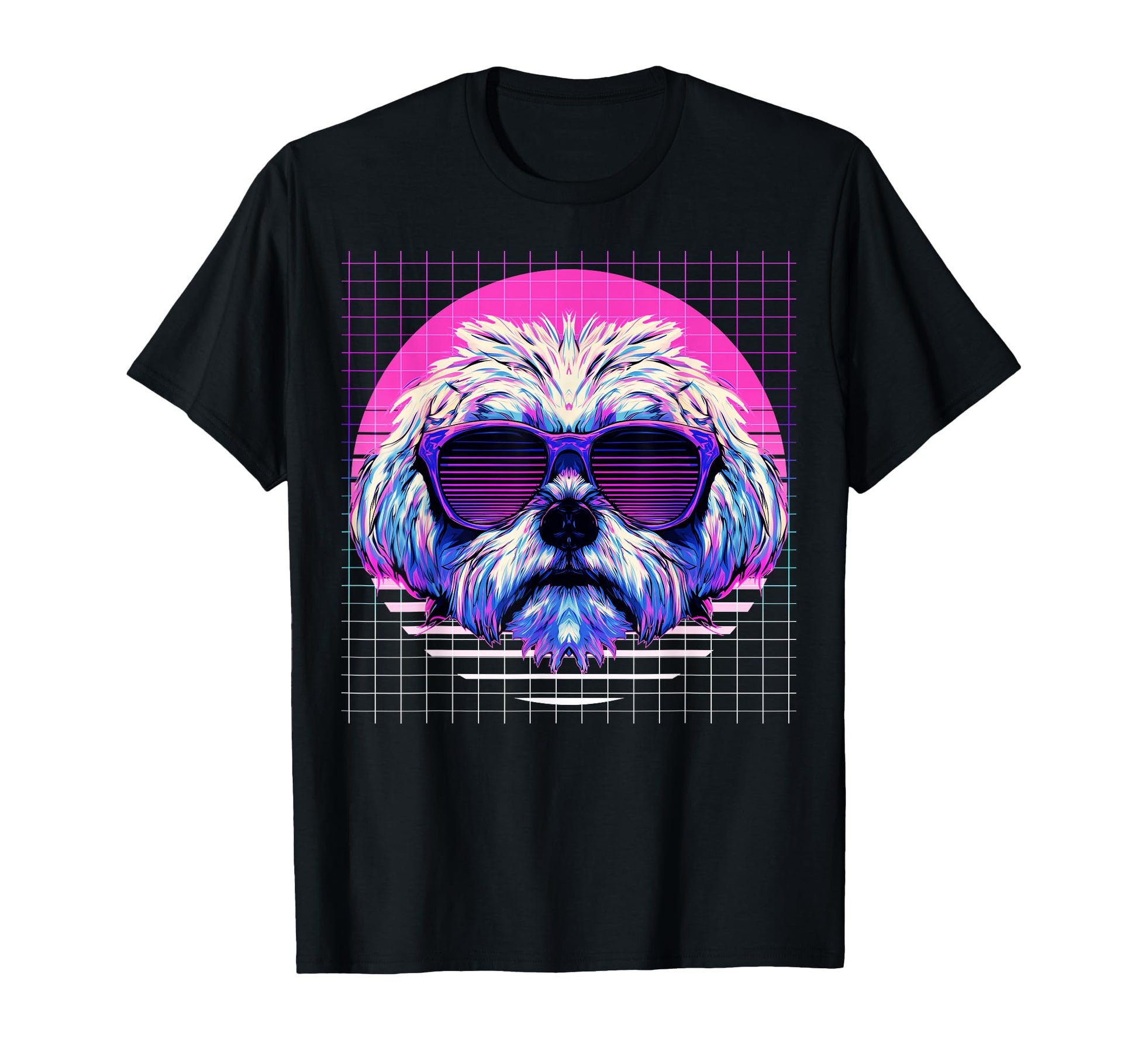 Maltese Sunglasses Dog Vaporwave T-Shirt - Fun Novelty Design for Adults - T-Shirt, Sweatshirt, Hoodie