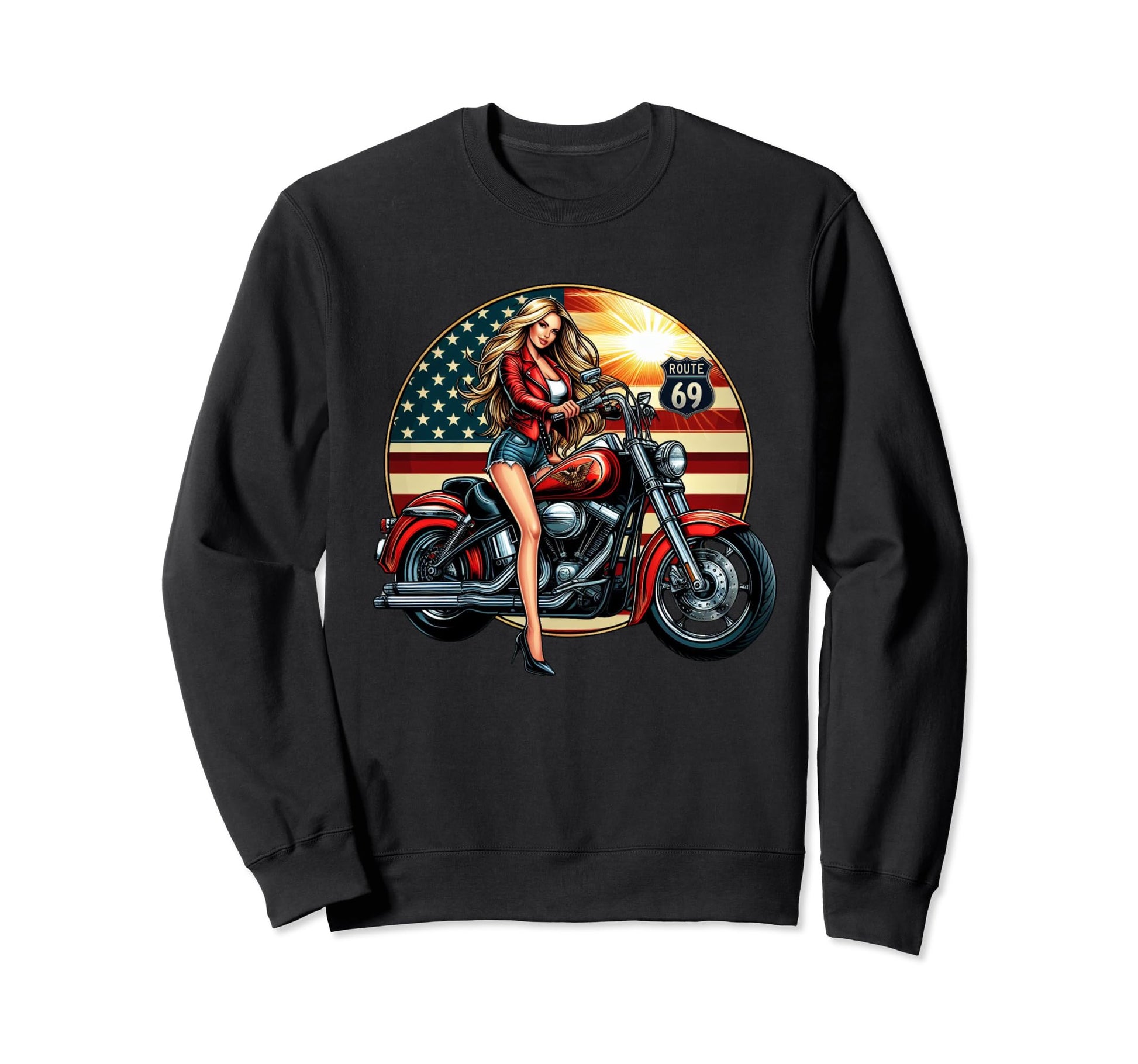 Motorcycle Blonde Biker Route 69 Sweatshirt - Custom Art Print Unisex - T-Shirt, Sweatshirt, Hoodie