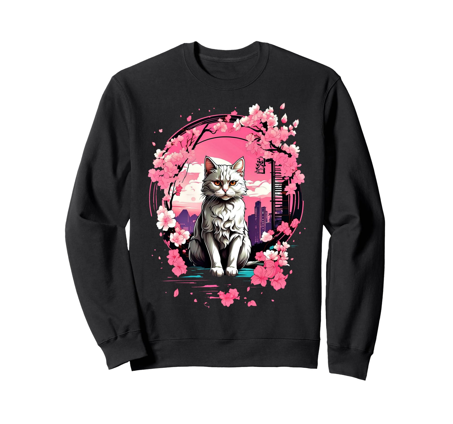 Anime Cat Japanese Aesthetic Sweatshirt - Casual Everyday Wear for Adults - T-Shirt, Sweatshirt, Hoodie