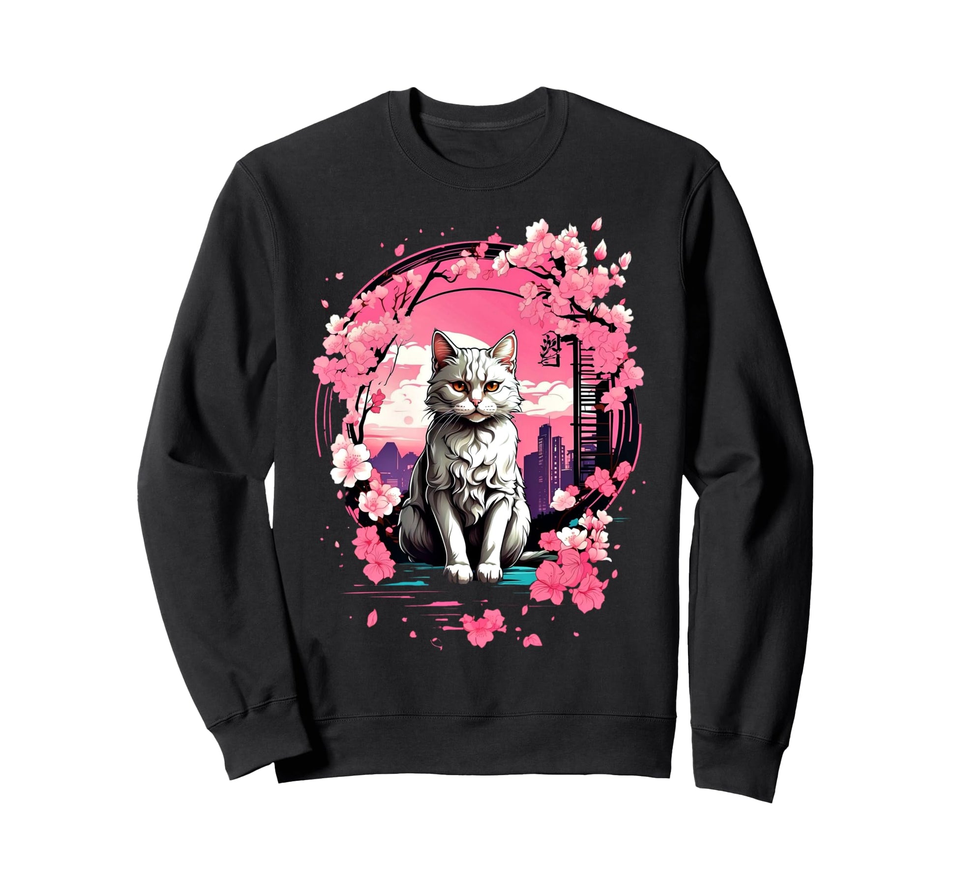 Anime Cat Japanese Aesthetic Sweatshirt - Casual Everyday Wear for Adults - T-Shirt, Sweatshirt, Hoodie