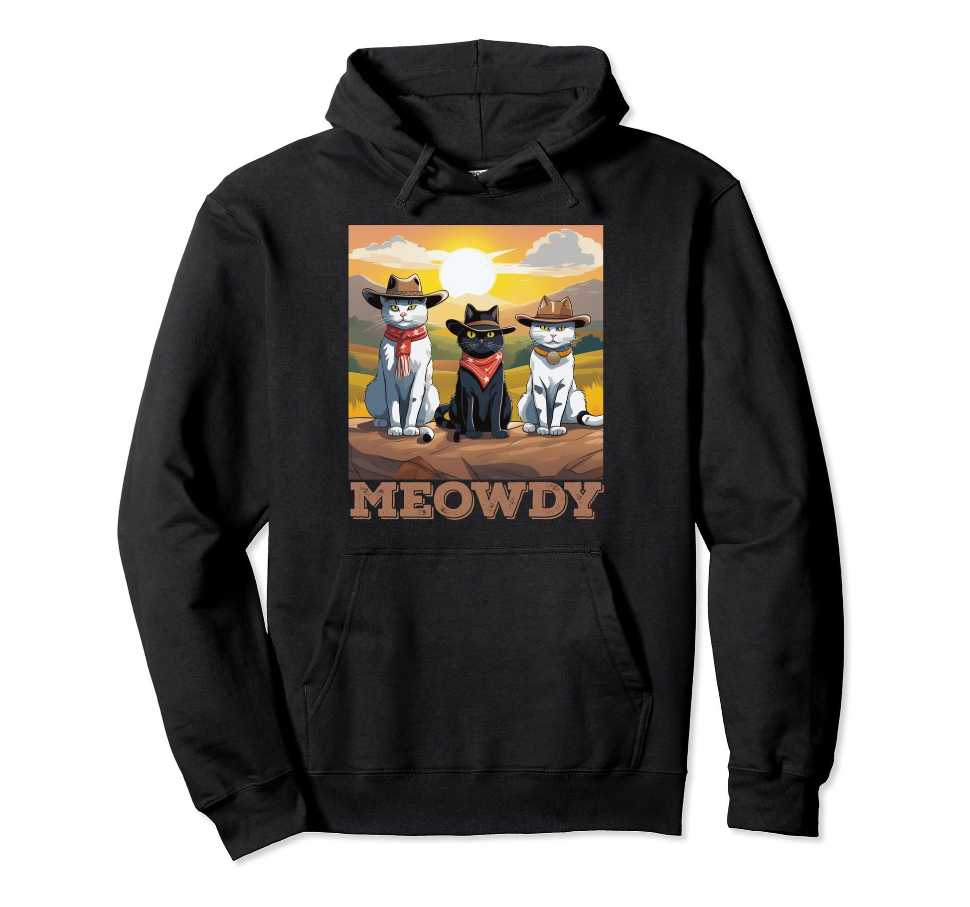 Meowdy Funny Cat Cowboy Hat Country Music Hoodie - Graphic Print Unisex - T-Shirt, Sweatshirt, Hoodie