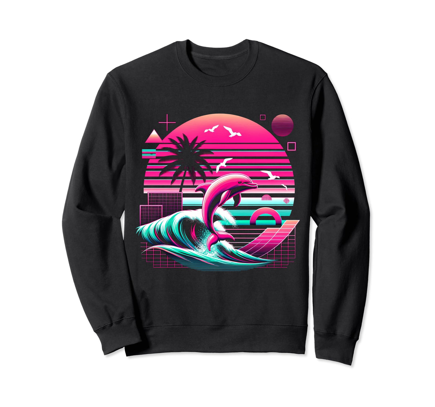 Palm Sunset Dolphin 80S 90S Sweatshirt - Novelty Apparel Men Women - T-Shirt, Sweatshirt, Hoodie