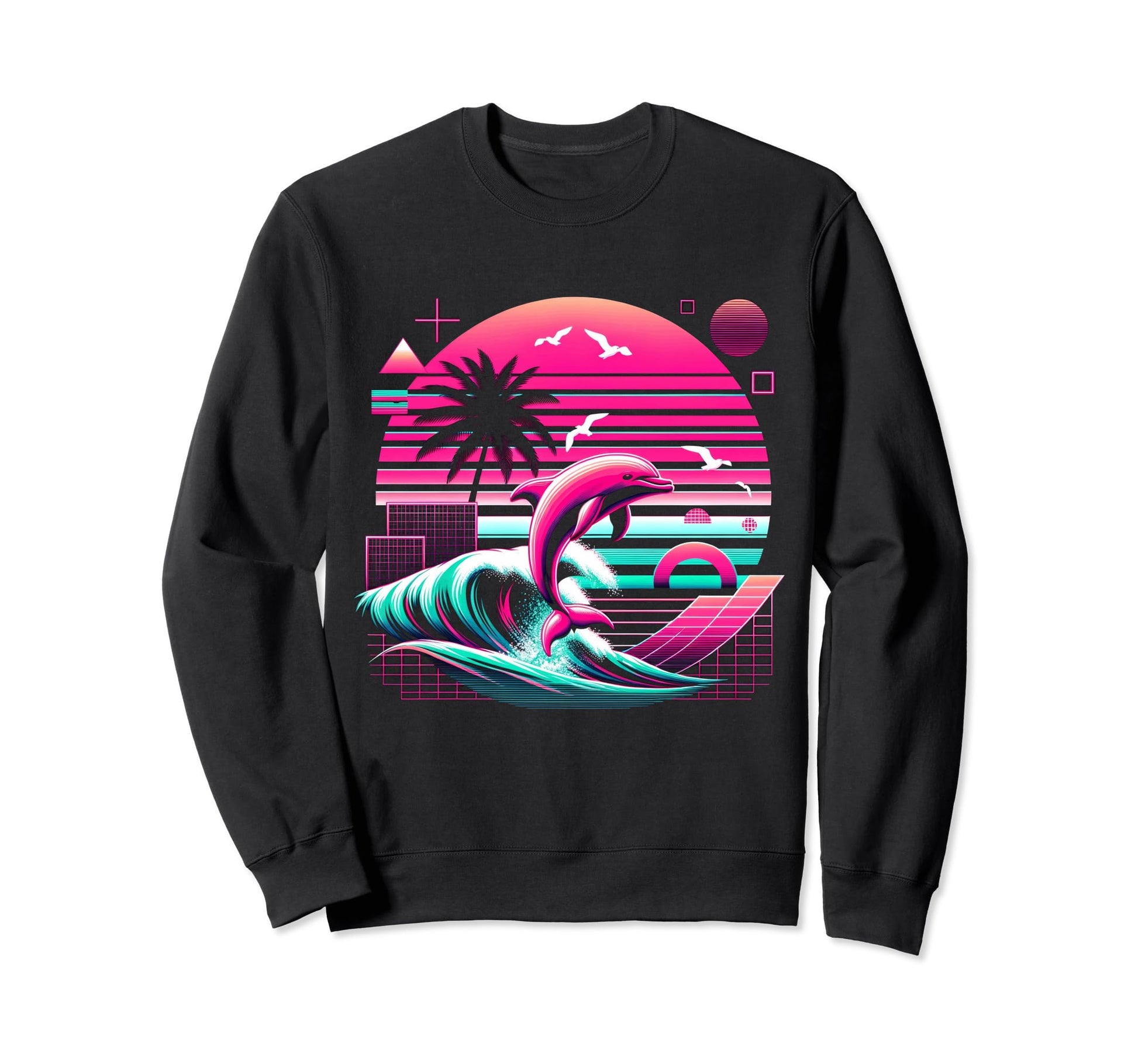 Palm Sunset Dolphin 80S 90S Sweatshirt - Novelty Apparel Men Women - T-Shirt, Sweatshirt, Hoodie