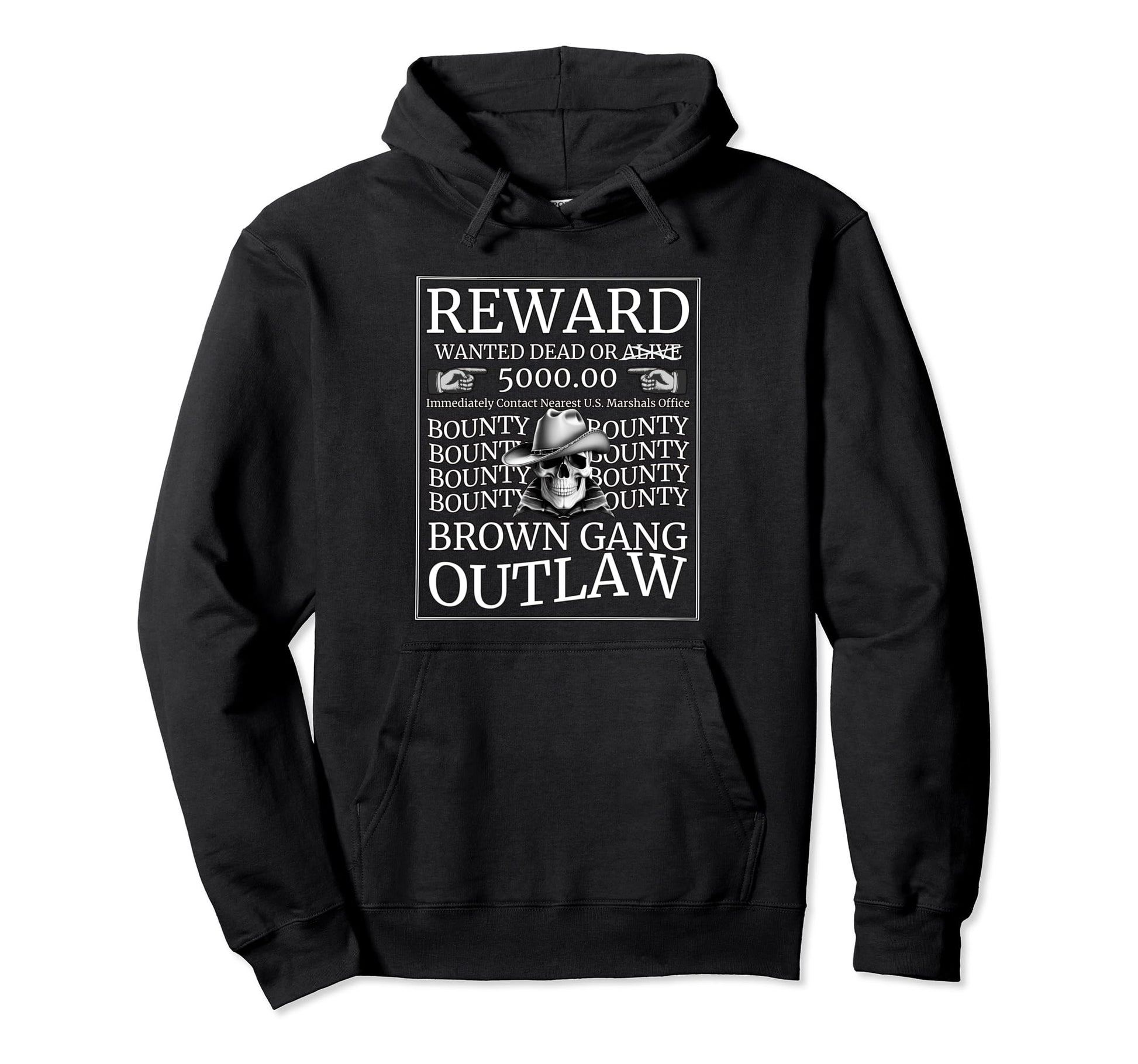 Wanted Western Cowboy Skull Brown Hoodie - Unique Graphic for Adults - T-Shirt, Sweatshirt, Hoodie