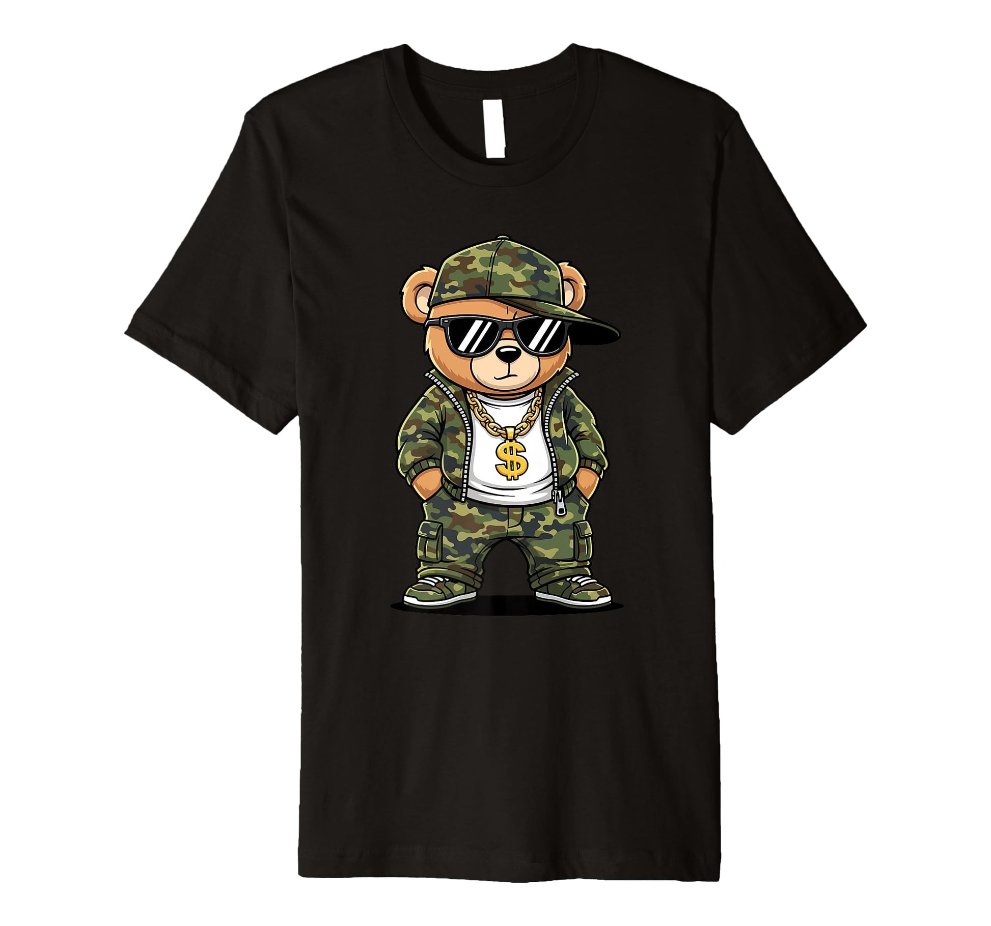 Camoflage Hip Hop Bear 80S 90S Old T-Shirt - Minimalist Print Unisex - T-Shirt, Sweatshirt, Hoodie