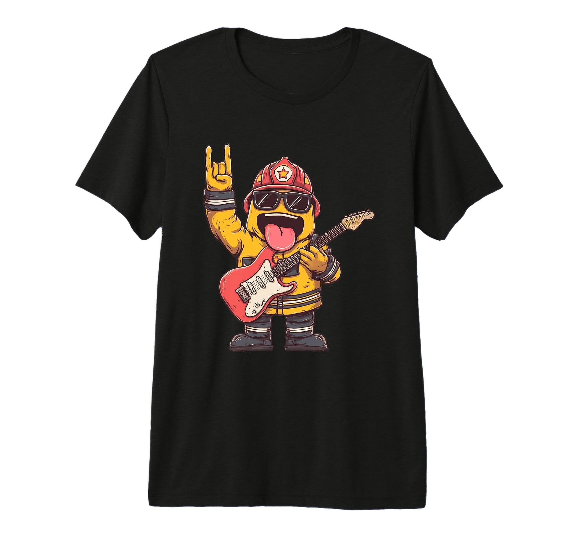 Funny Cartoon Firefighter Guitar T-Shirt - Casual Everyday Wear Men Women - T-Shirt, Sweatshirt, Hoodie